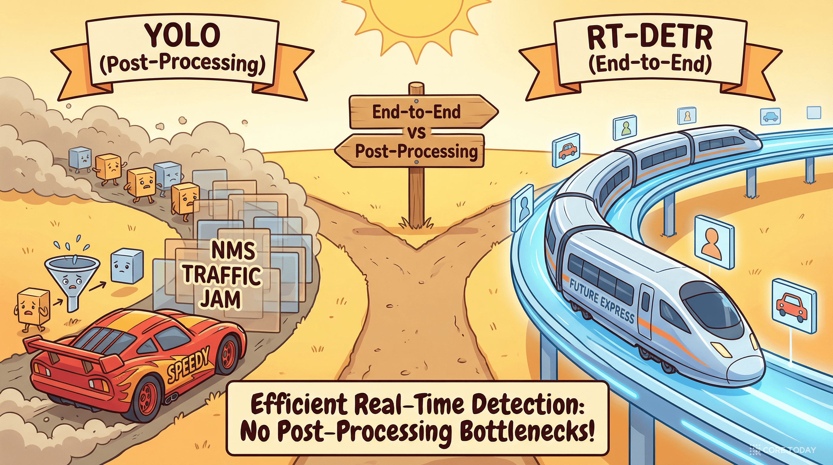 YOLO의 NMS 후처리와 RT-DETR의 엔드투엔드 접근법을 비교하는 일러스트. YOLO는 빠르지만 NMS 교통체증에 막히고, RT-DETR는 처음부터 깨끗한 결과를 출력한다