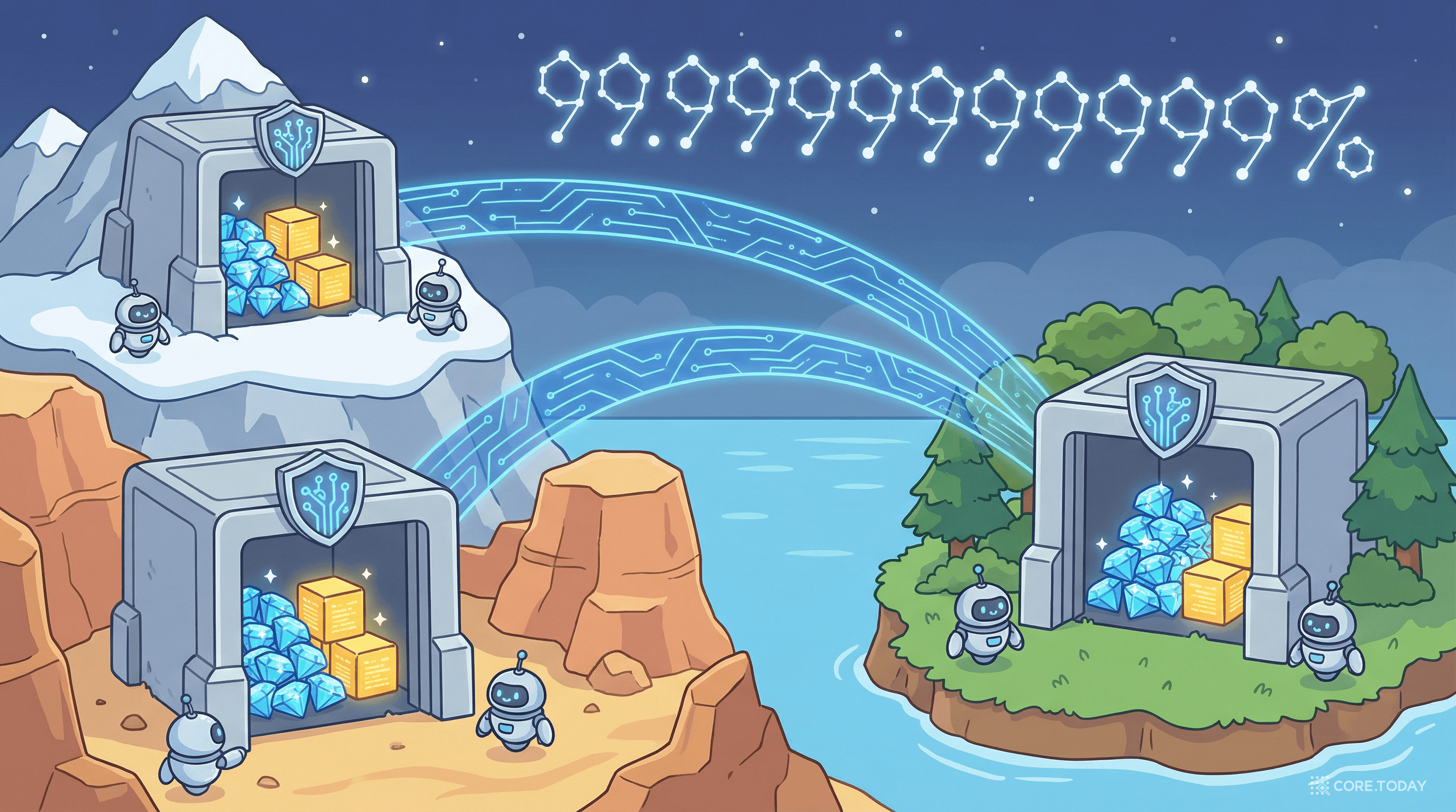 세 곳의 데이터센터에 동일한 데이터가 복제되어 수호 로봇들이 지키는 모습 — S3의 다중 가용 영역 복제를 표현한 일러스트