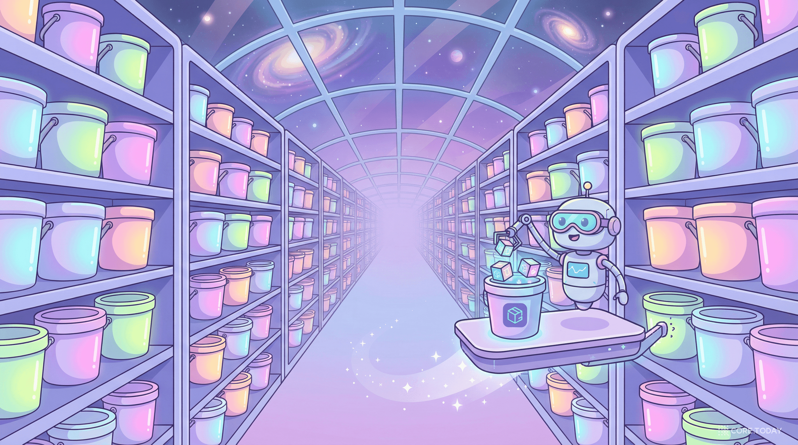 무한히 펼쳐진 마법의 창고에서 로봇 사서가 빛나는 데이터 큐브를 정리하는 모습 — S3의 무한 스토리지를 비유한 일러스트