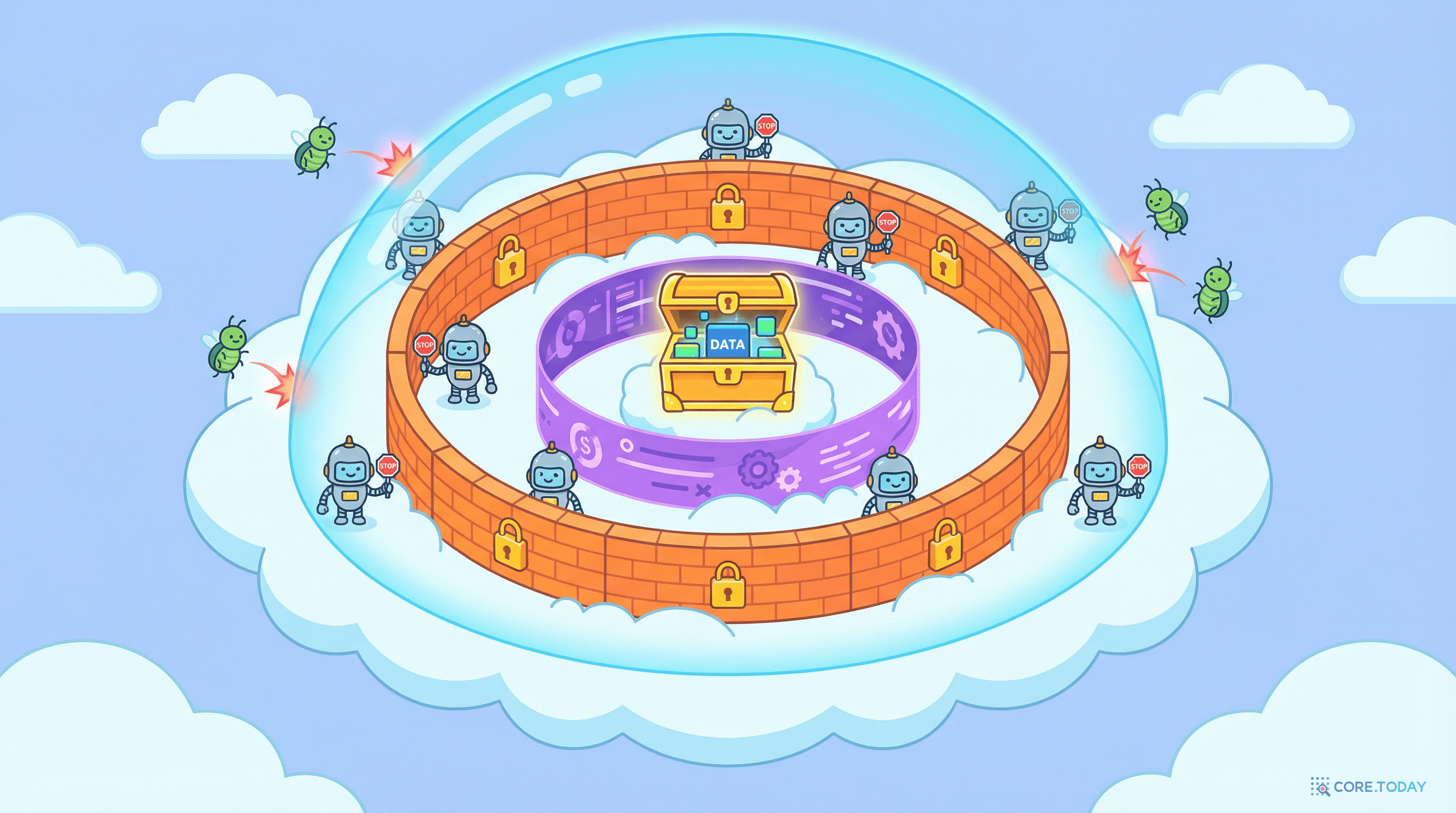다층 보안 요새가 중앙의 데이터 보물상자를 보호하고, 해커 벌레들이 방어막에 튕겨 나가는 모습 — S3의 다중 보안 레이어를 표현한 일러스트
