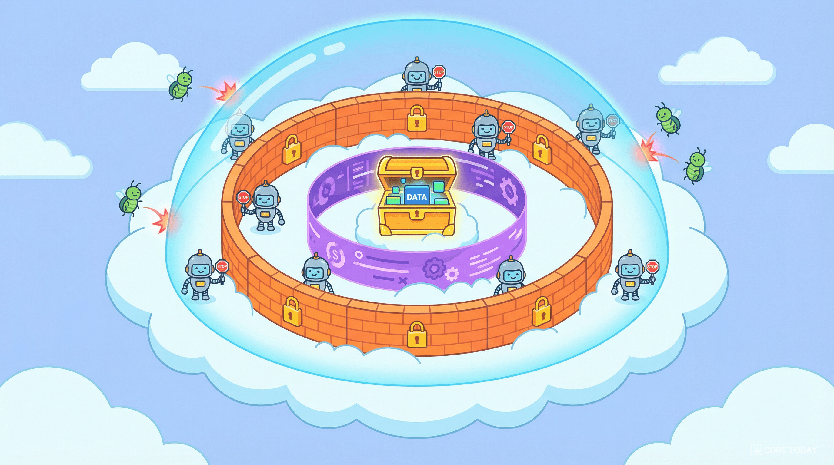 다층 보안 요새가 중앙의 데이터 보물상자를 보호하고, 해커 벌레들이 방어막에 튕겨 나가는 모습 — S3의 다중 보안 레이어를 표현한 일러스트