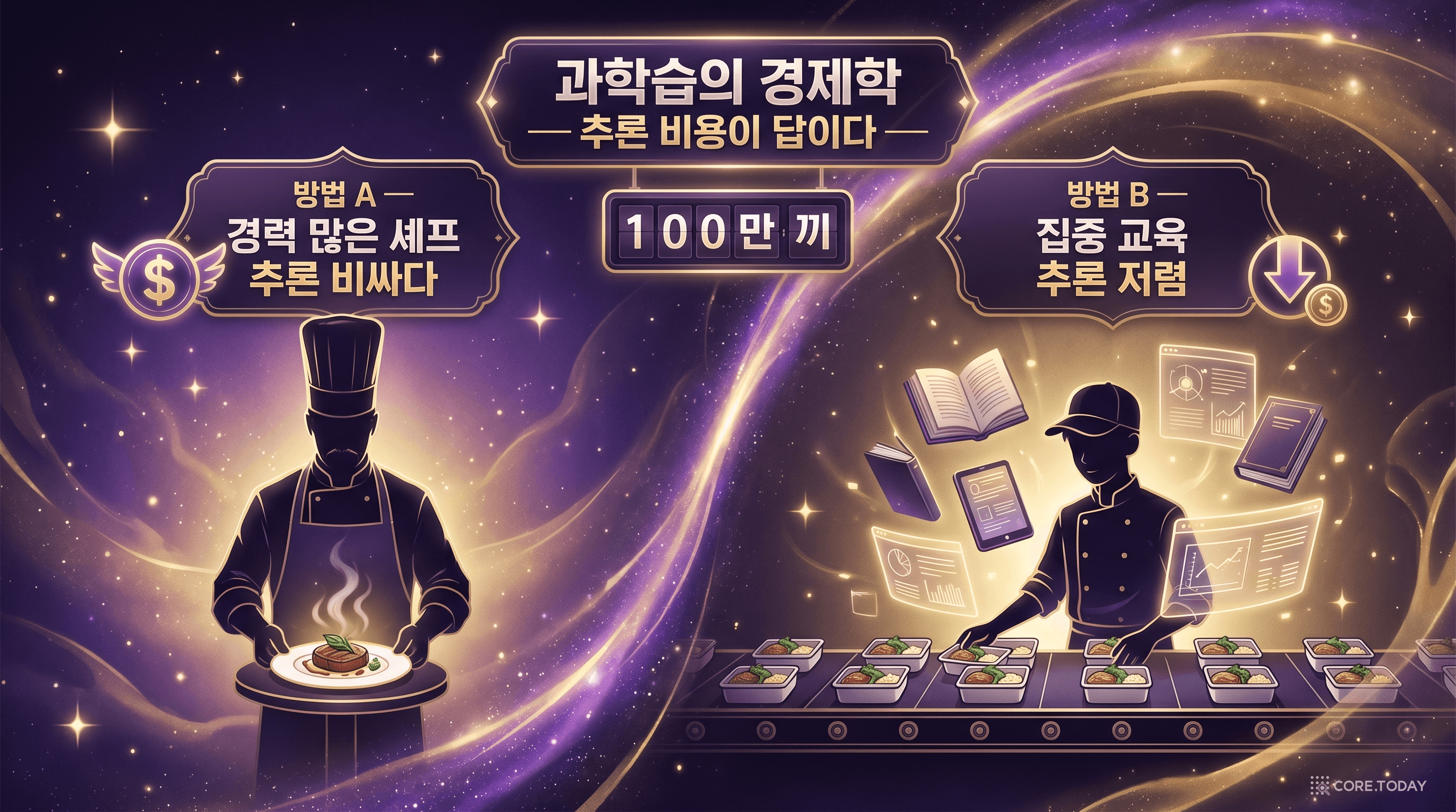 셰프 비유 — 베테랑 셰프(큰 모델) vs 집중 교육받은 신참 셰프(과학습 모델)