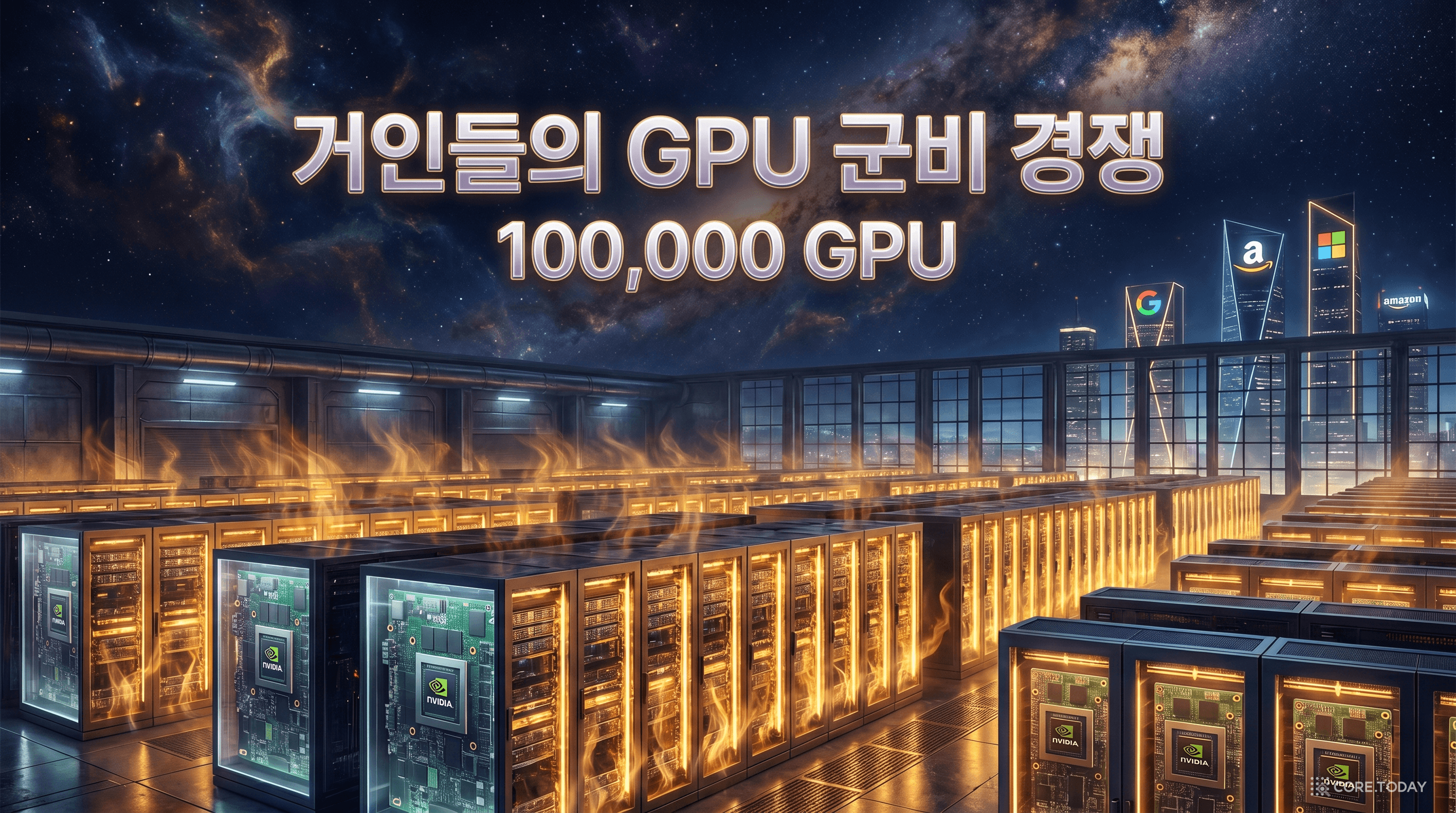 GPU 군비 경쟁 — 거대 데이터센터에 빛나는 황금 GPU 랙들