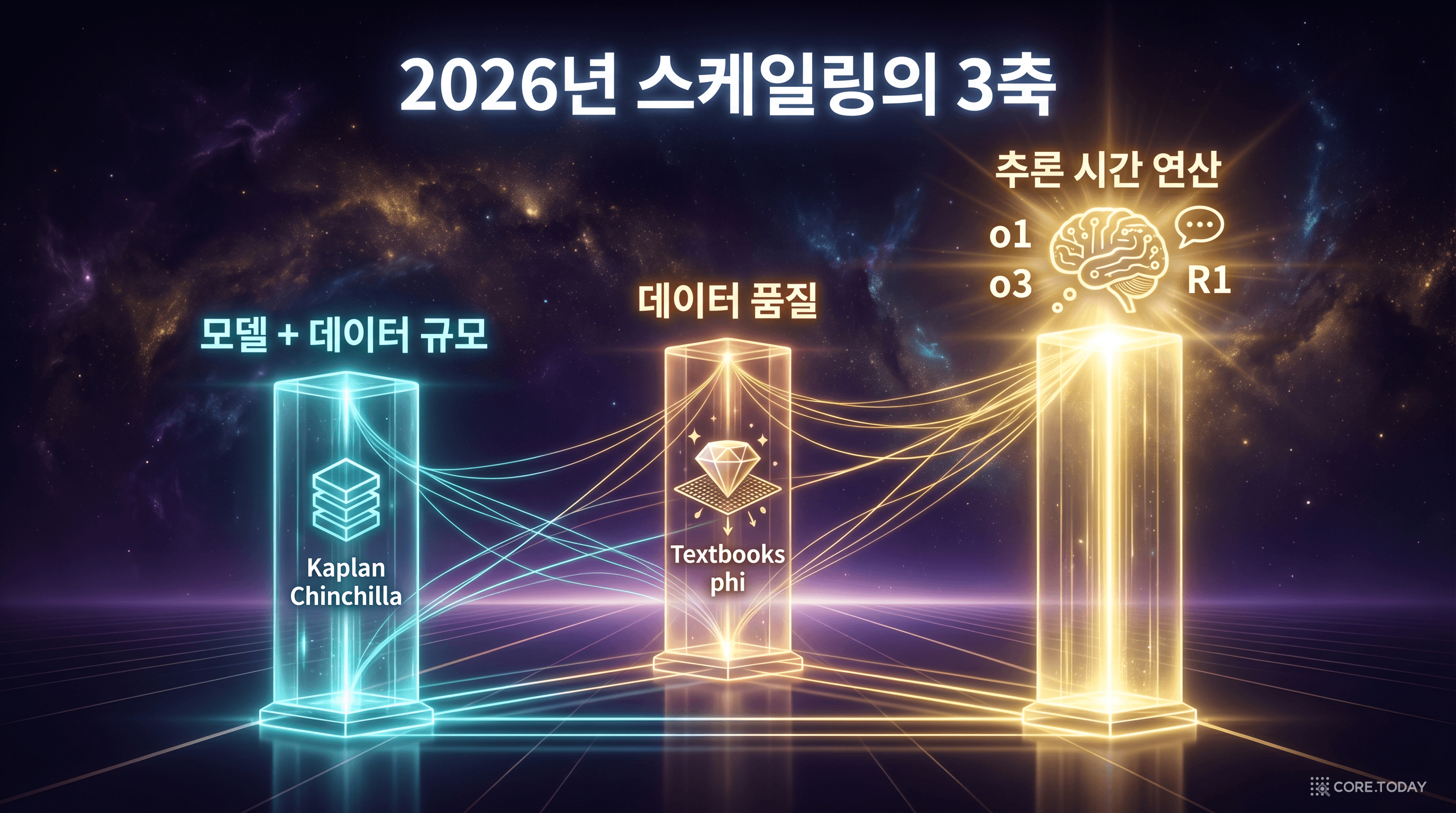 3축 스케일링 — 학습 시간 / 데이터 품질 / 추론 시간의 3차원 좌표계