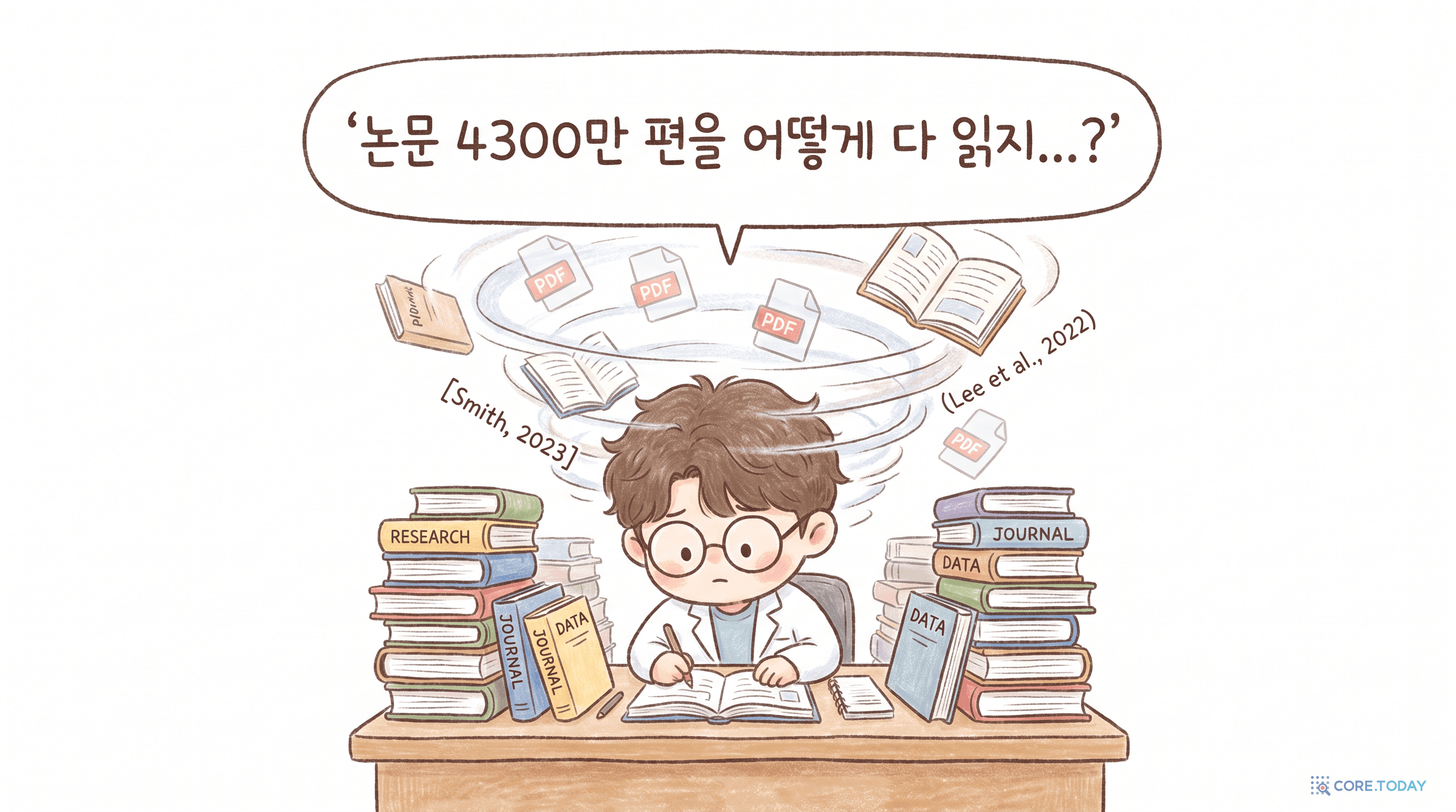 논문 더미에 파묻힌 연구자 카툰