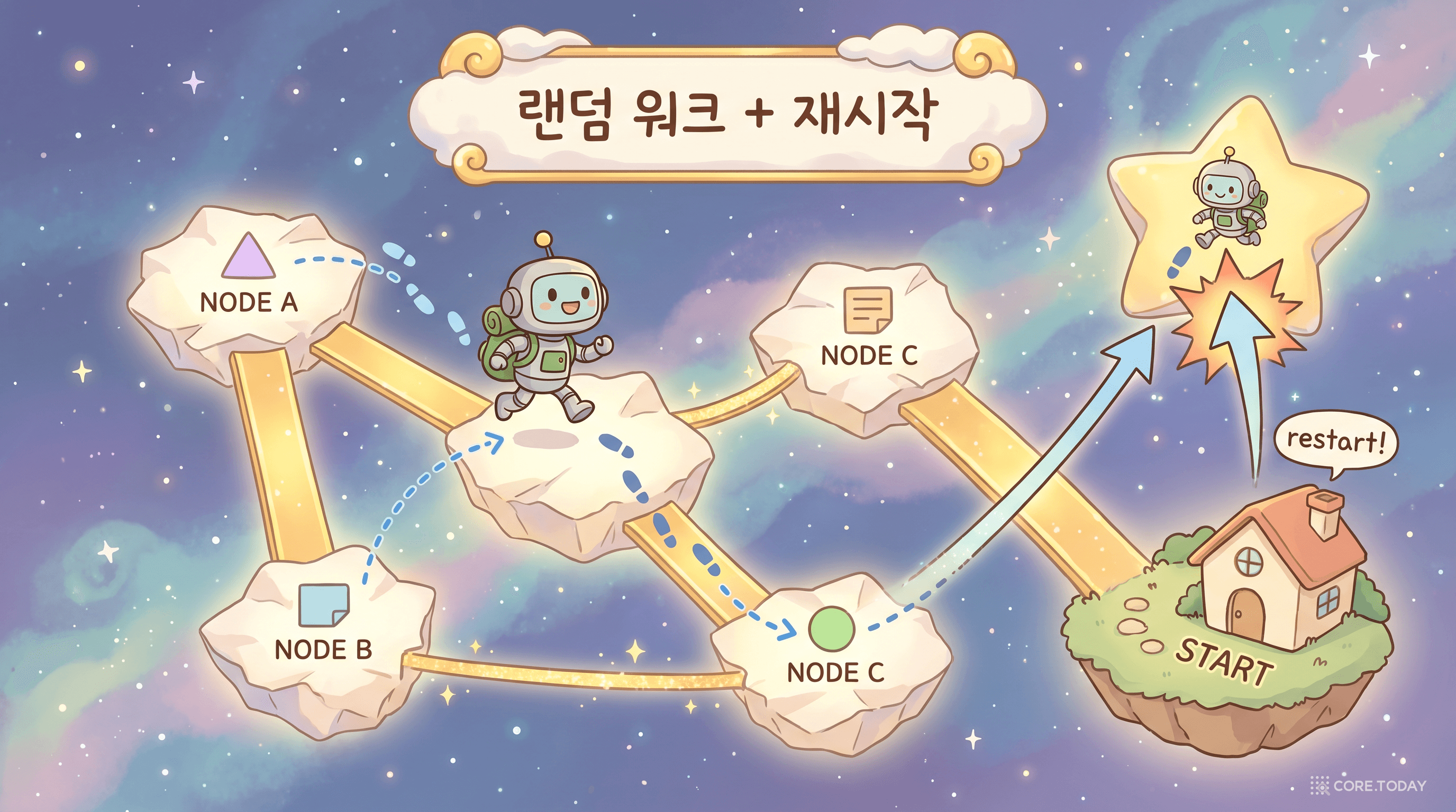 작은 로봇이 종이 노드 섬을 깡충깡충 뛰는 카툰