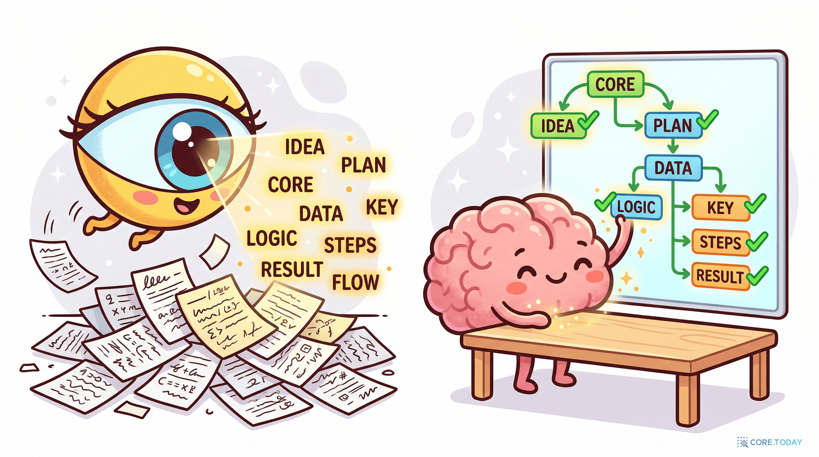 LLM(눈)이 문서를 읽고 핵심을 추출하면, 논리 엔진(두뇌)이 규칙에 따라 정리하는 분업