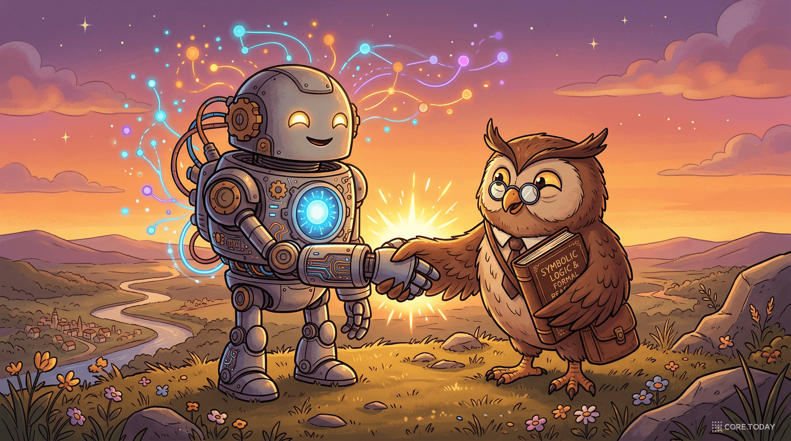 신경망 AI와 상징 추론이 악수하며 협력하는 모습