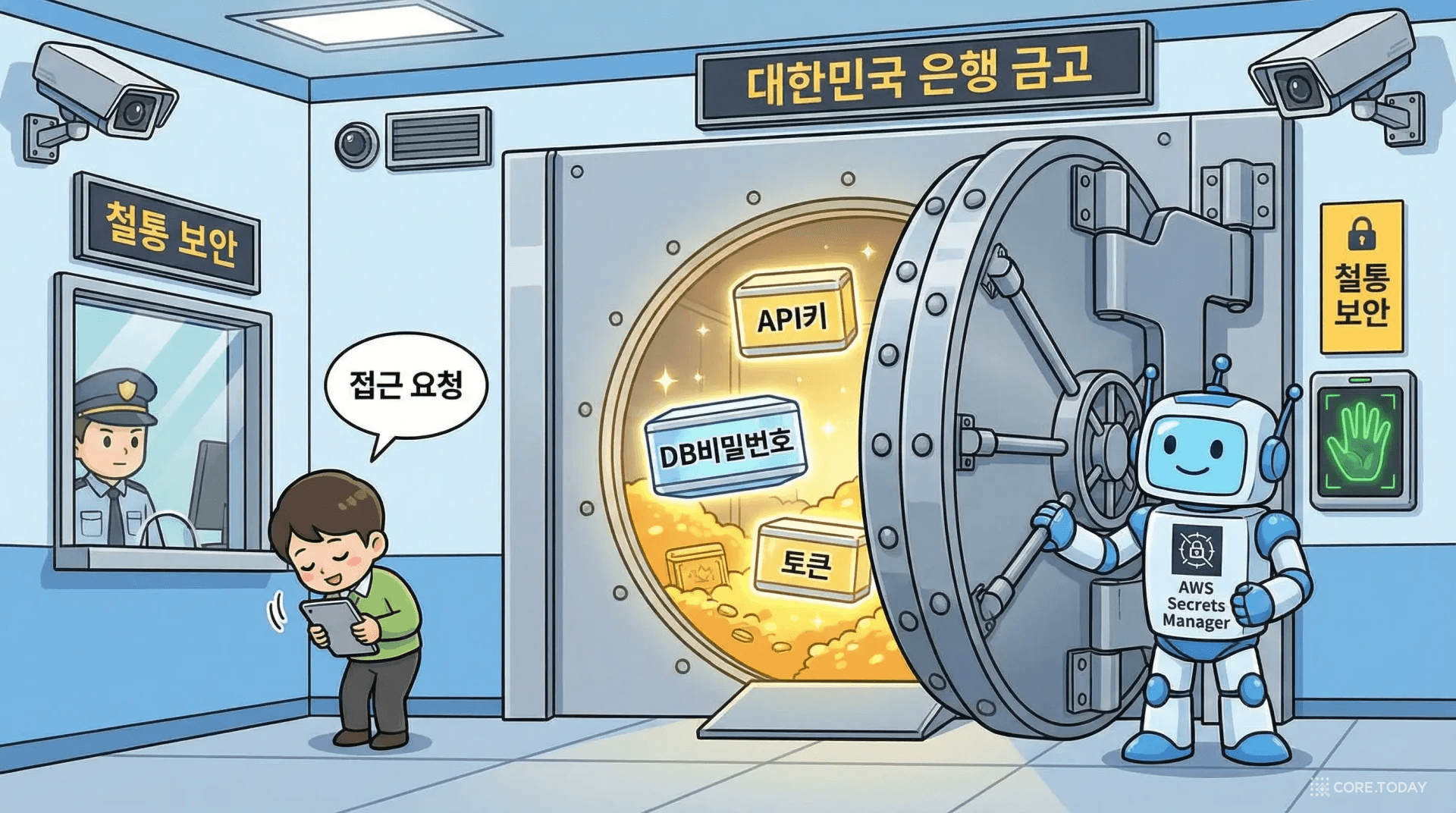 은행 금고처럼 생긴 AWS Secrets Manager 볼트에서 API 키와 비밀번호를 안전하게 보관하는 모습