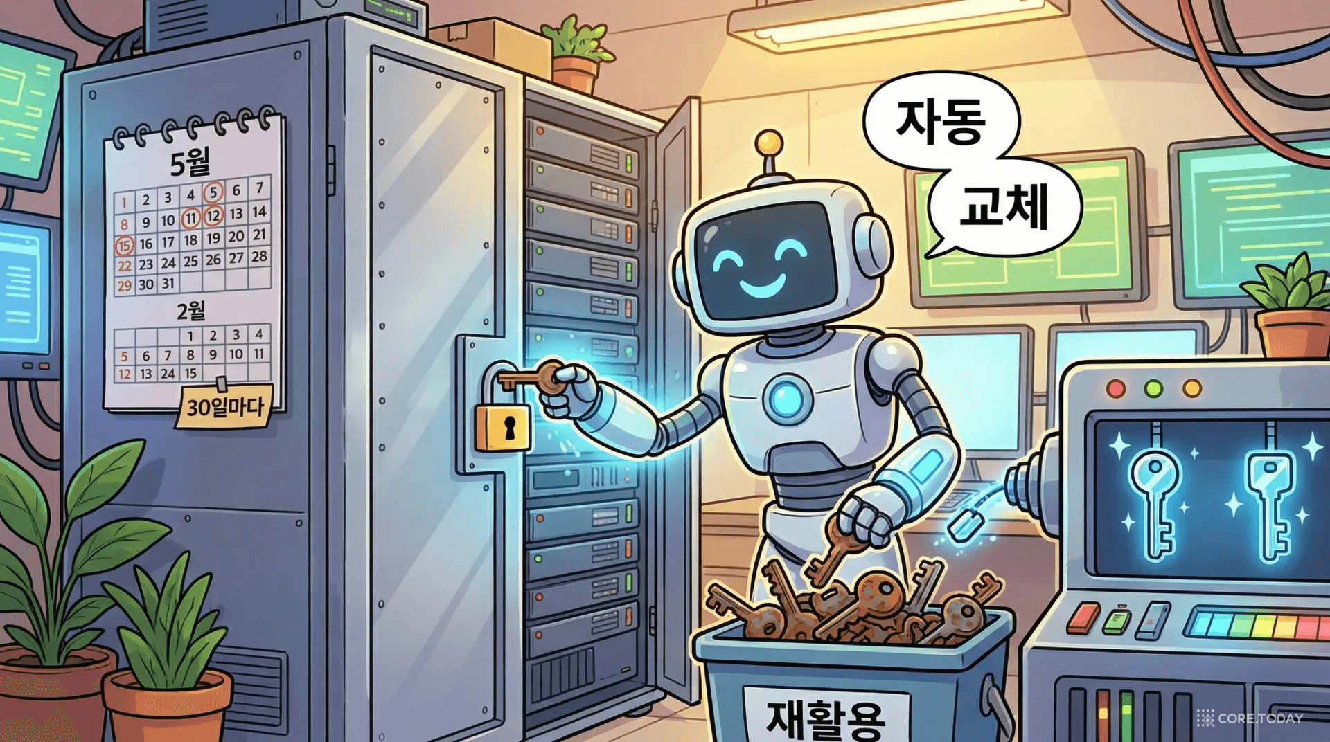 로봇 열쇠공이 정기적으로 서버 문의 자물쇠를 자동 교체하는 시크릿 로테이션 과정 일러스트