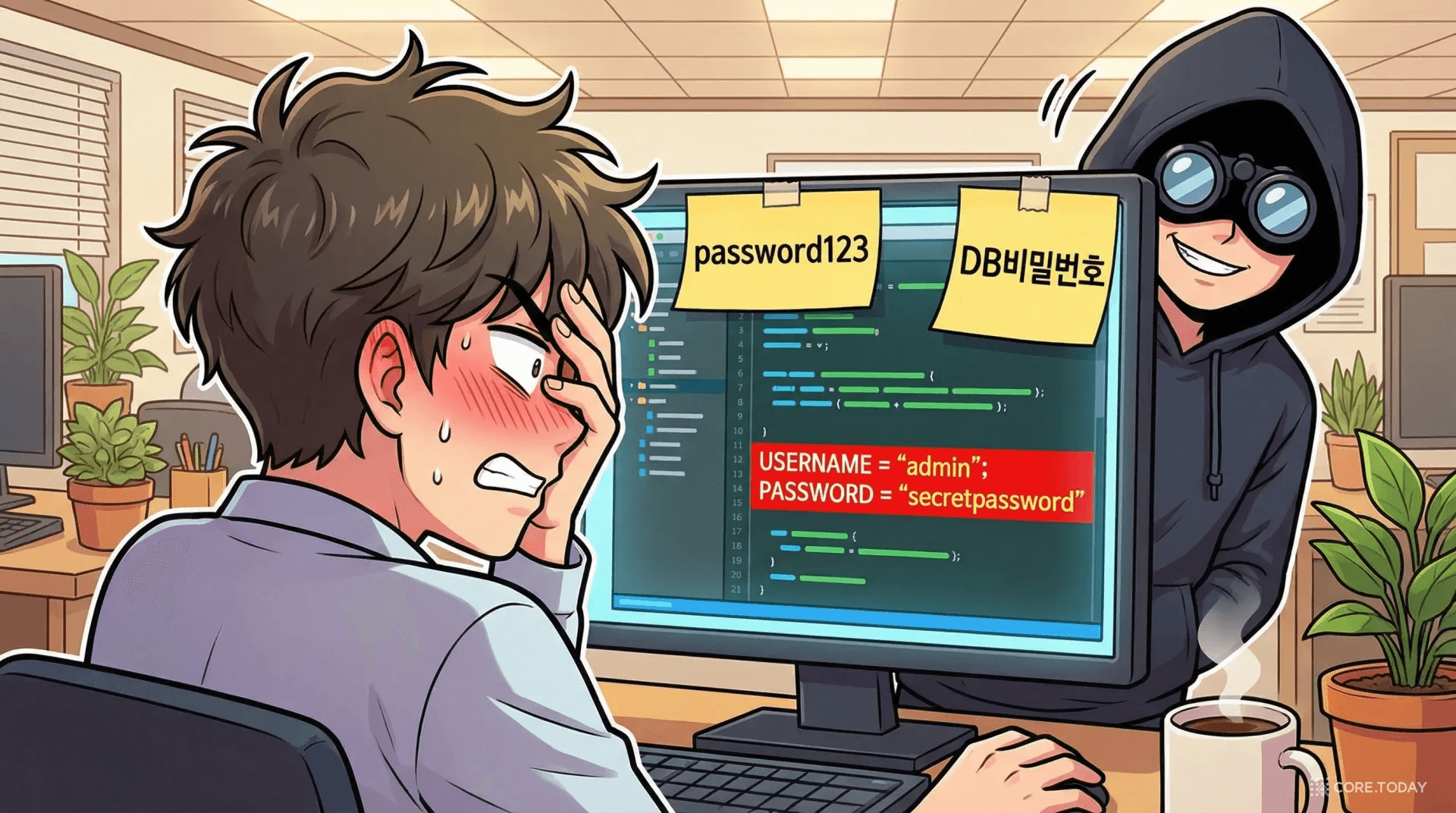 모니터에 비밀번호가 적힌 포스트잇이 붙어있고 뒤에서 해커가 엿보는 위험한 상황을 보여주는 일러스트