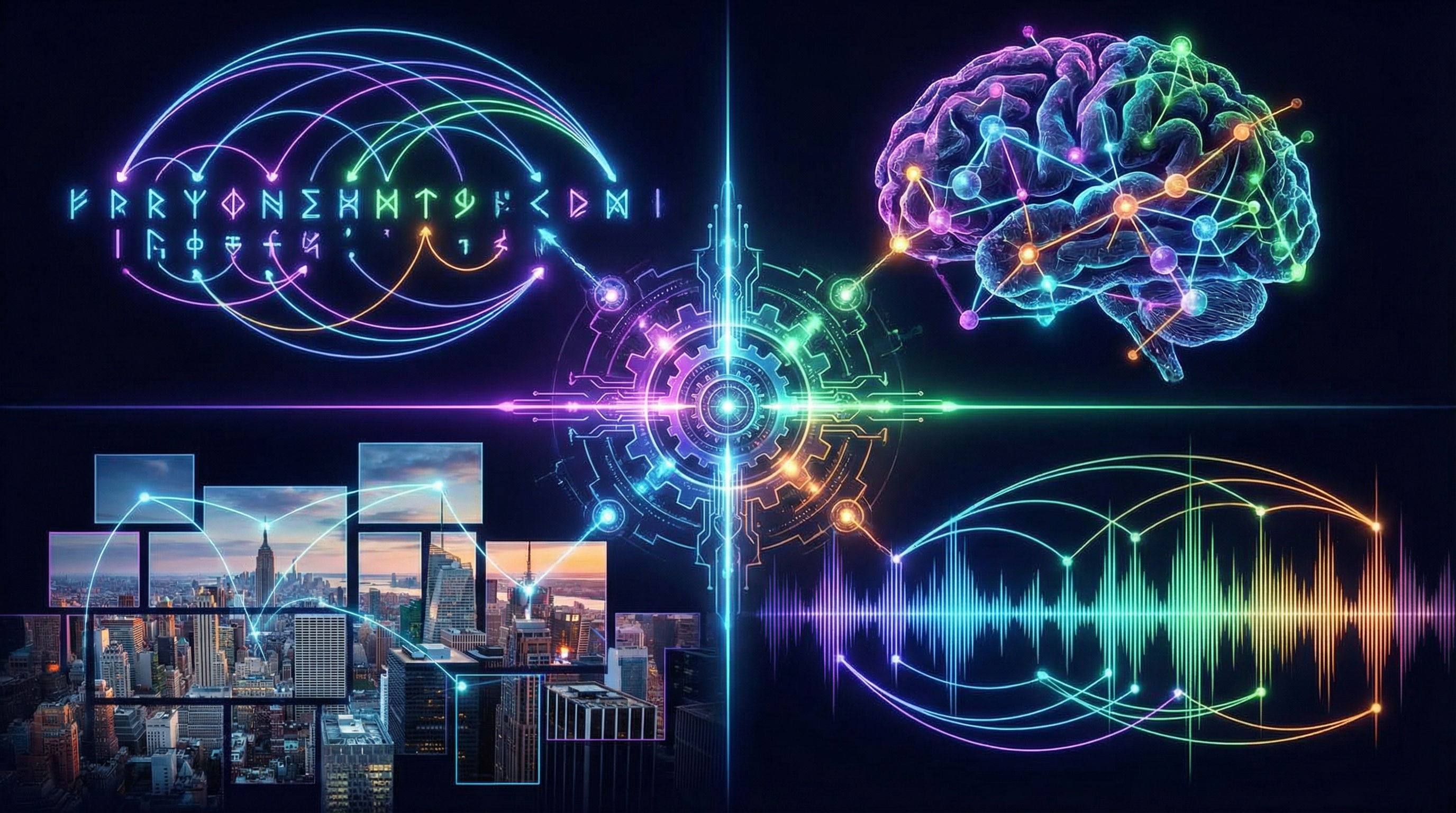 셀프 어텐션이 텍스트, 단백질, 이미지, 음악 등 다양한 영역에 적용되는 모습