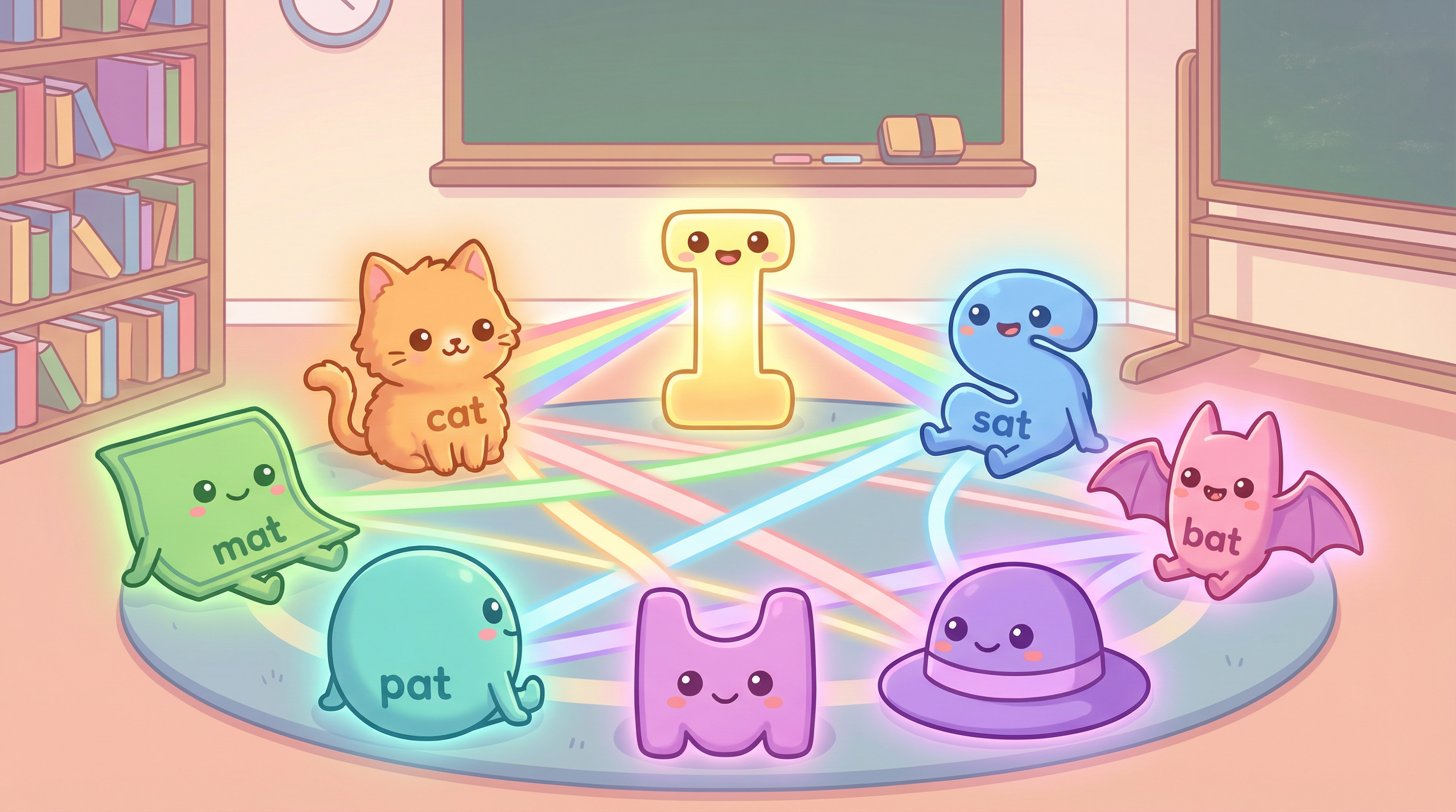 교실에서 둥그렇게 모여 서로에게 무지개색 빛줄기를 보내는 단어 캐릭터들