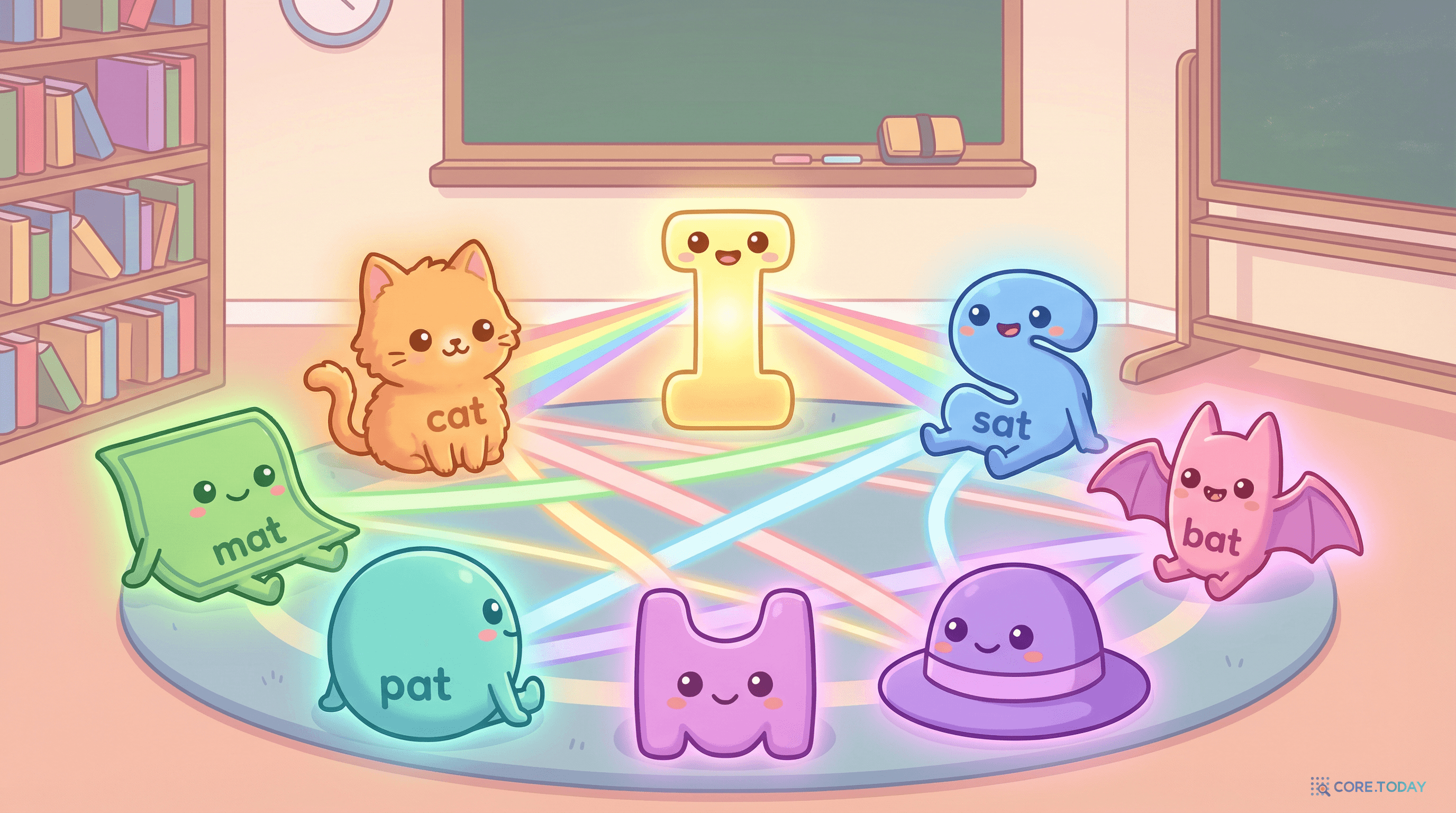 교실에서 둥그렇게 모여 서로에게 무지개색 빛줄기를 보내는 단어 캐릭터들