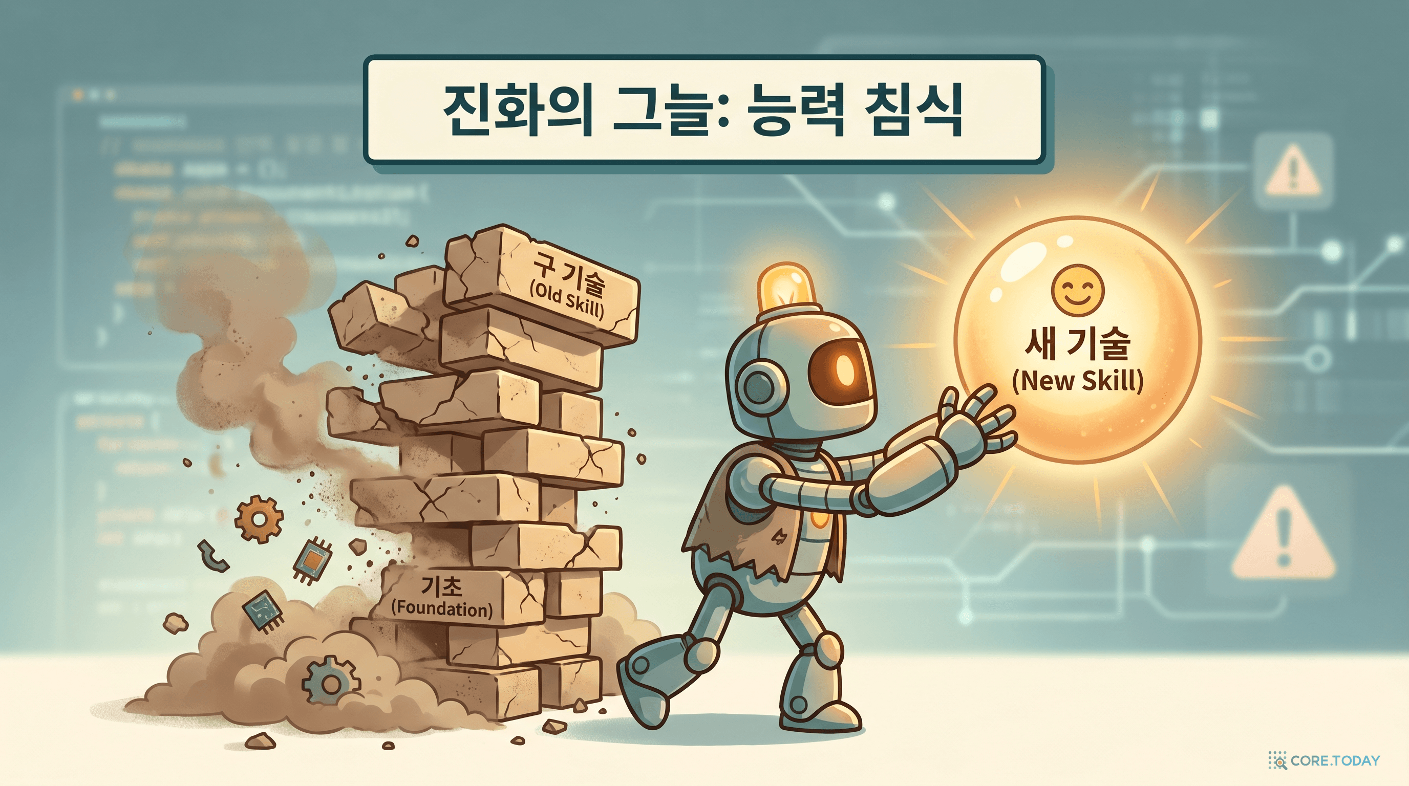 새 스킬을 잡는 사이 뒤에서 옛 능력 블록이 무너져 내리는 로봇