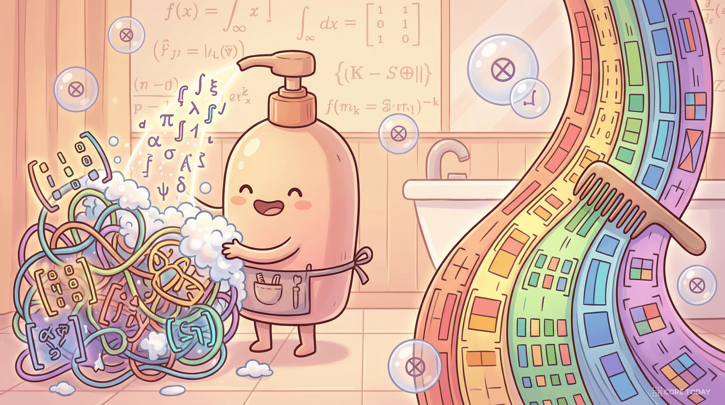 샴푸 캐릭터가 엉킨 수학 행렬을 씻어 정돈하는 모습