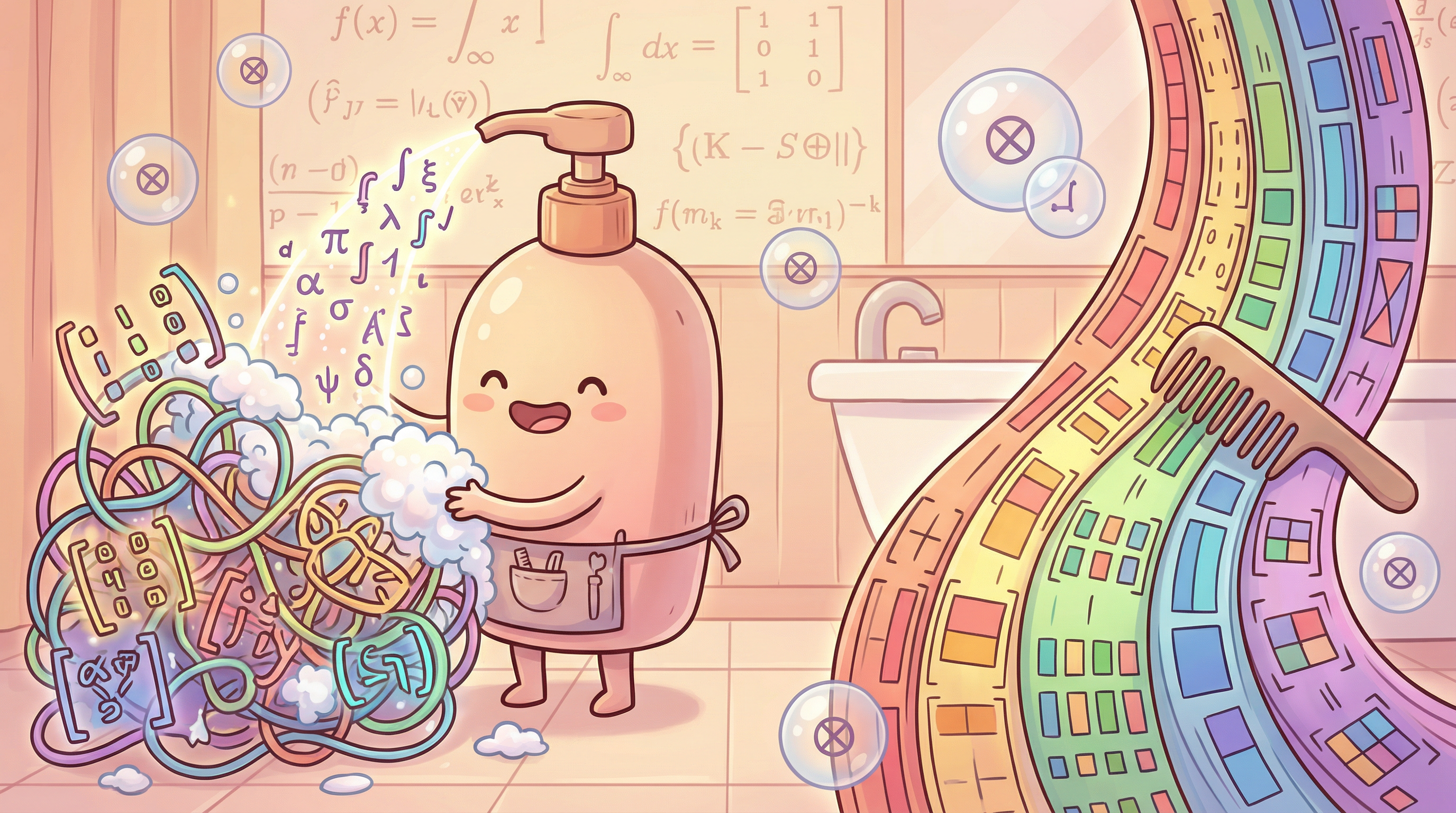 샴푸 캐릭터가 엉킨 수학 행렬을 씻어 정돈하는 모습