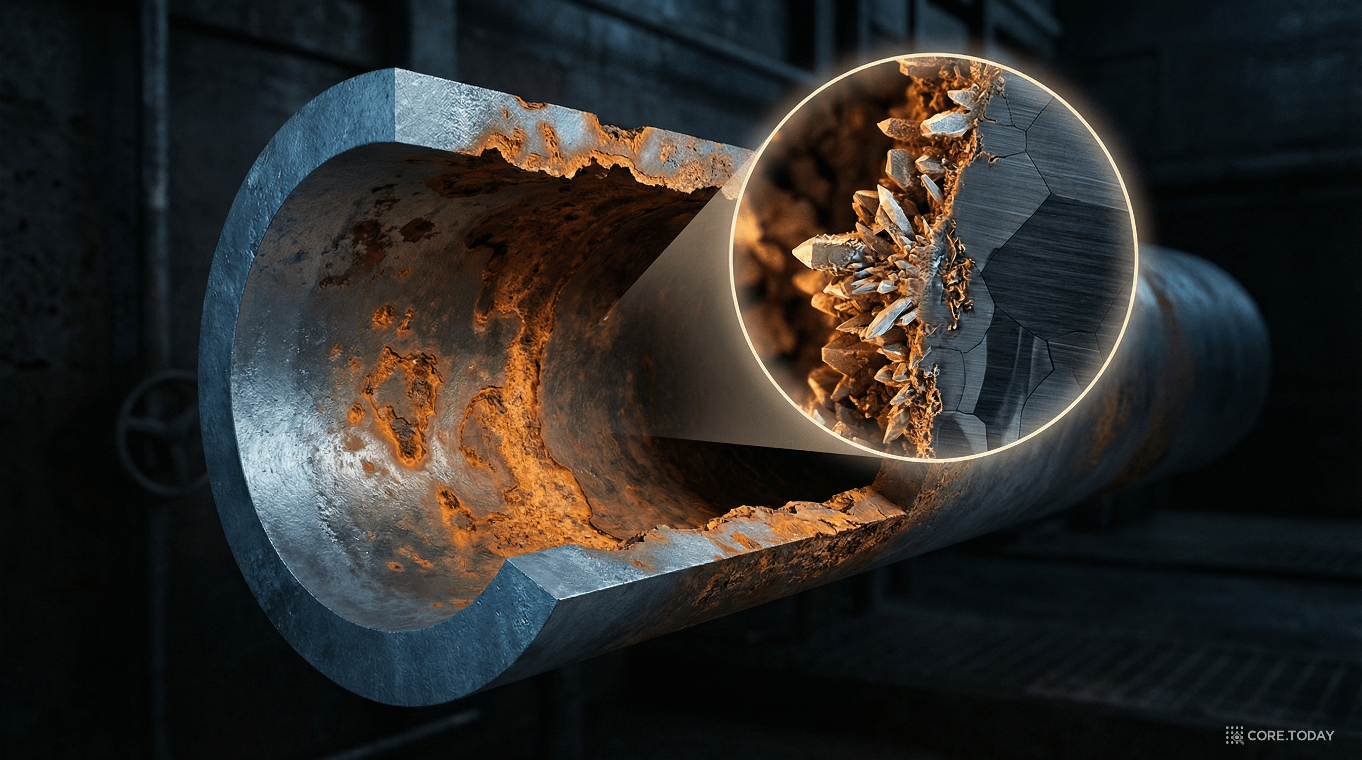 산업 배관 내부의 공식 부식 단면