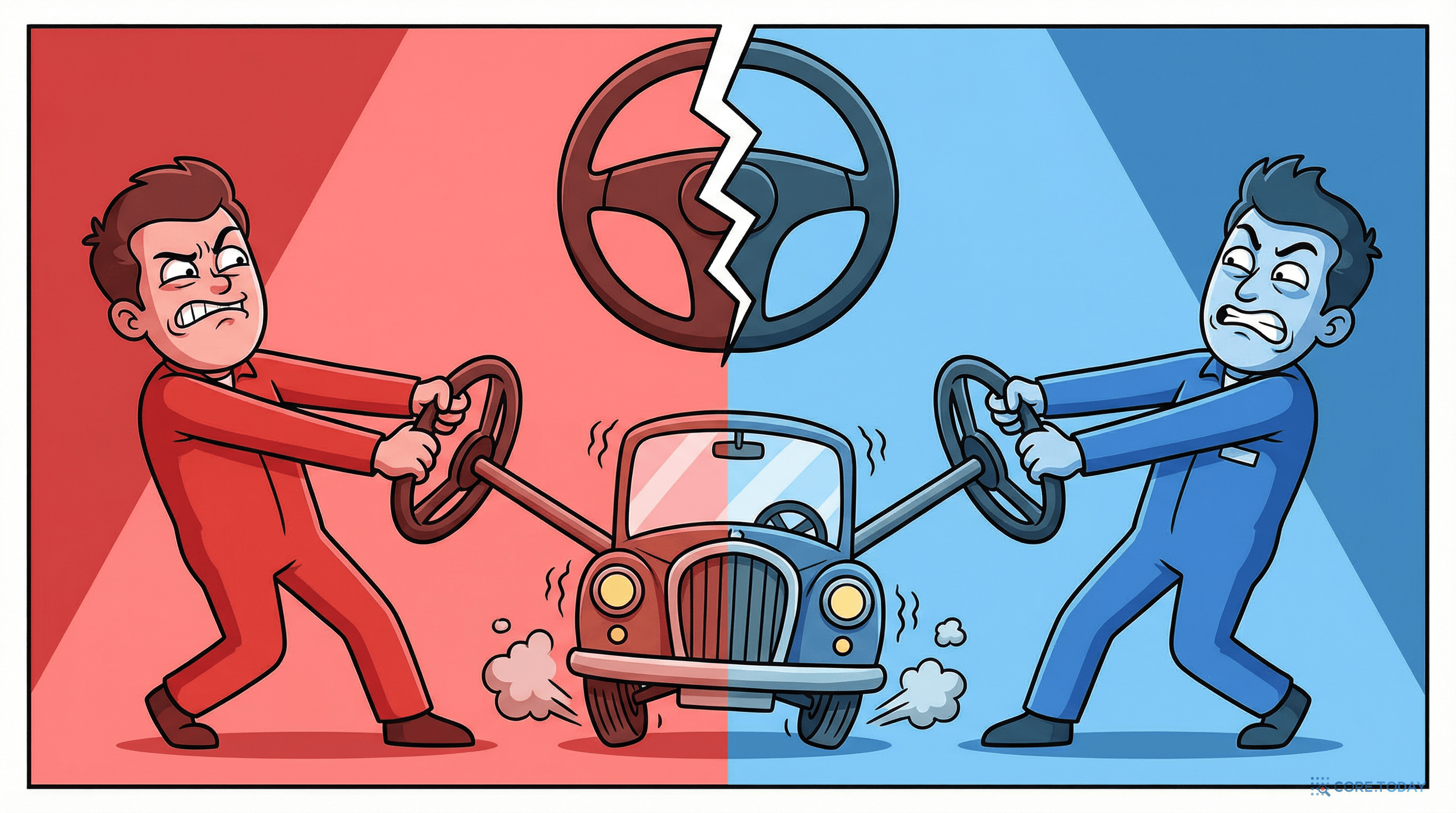 두 사람이 하나의 핸들을 반대로 돌리는 장면 — 그래디언트 충돌의 비유