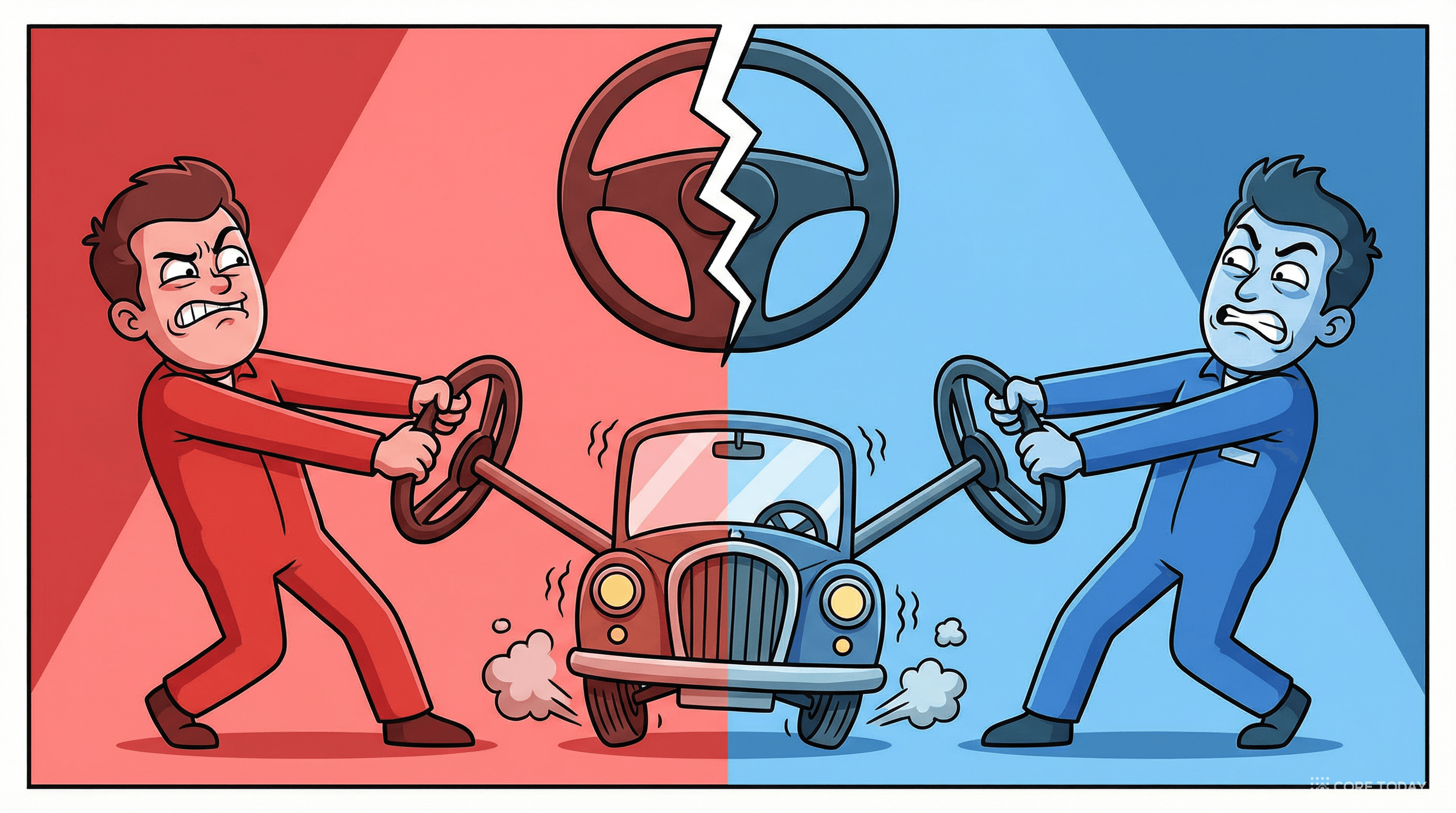 두 사람이 하나의 핸들을 반대로 돌리는 장면 — 그래디언트 충돌의 비유