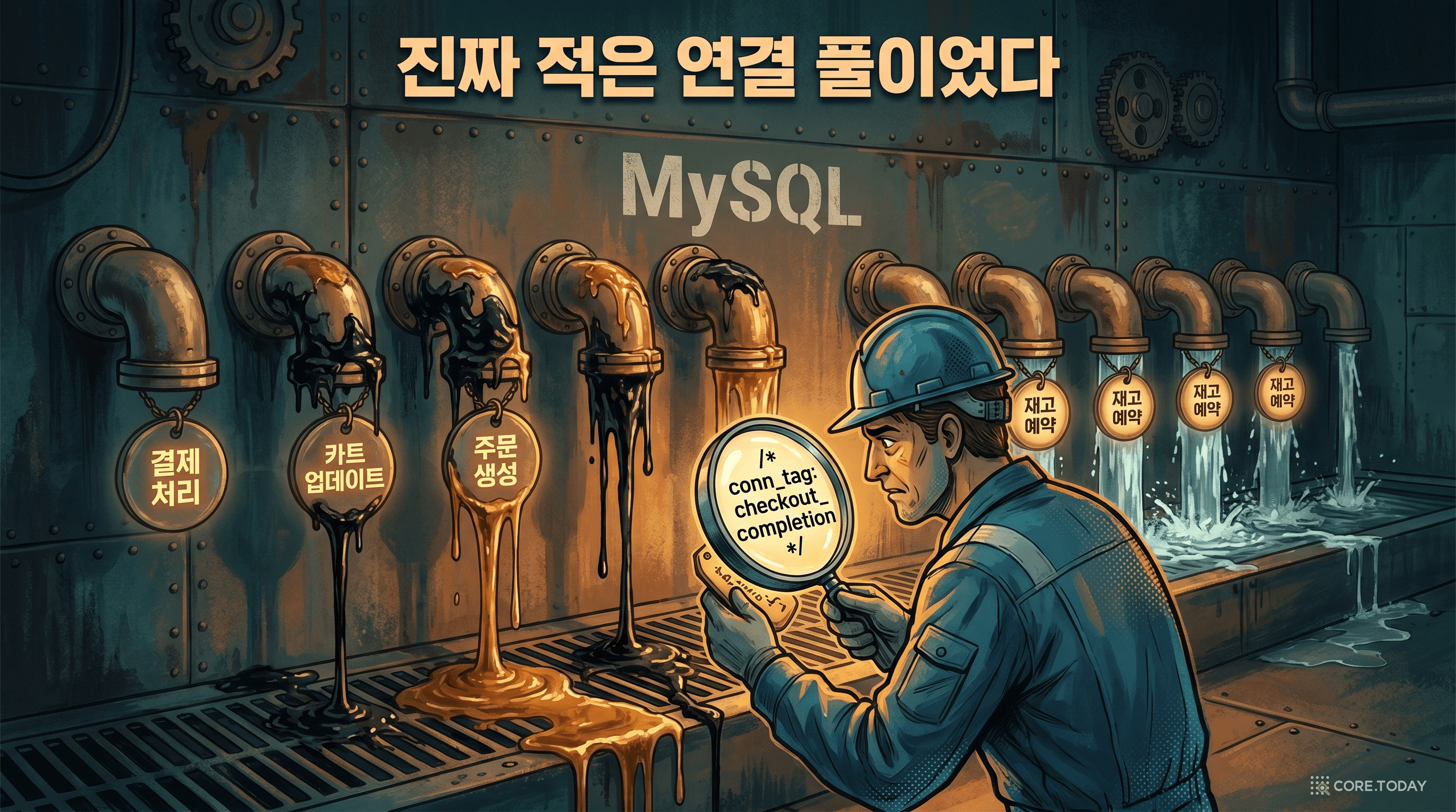 Connection pool 비유: 결제, 카트, 주문이 연결 파이프를 꽉 잡고 있는 그림