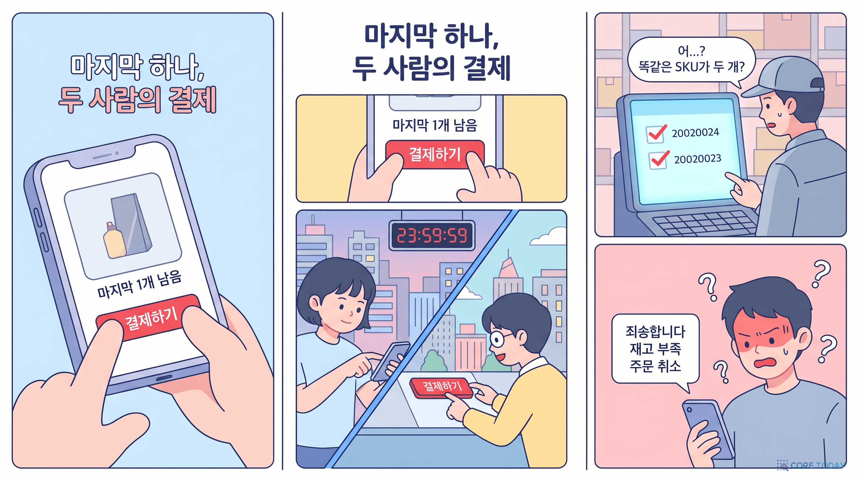 두 사람이 마지막 한 개를 동시에 결제하는 4컷 만화