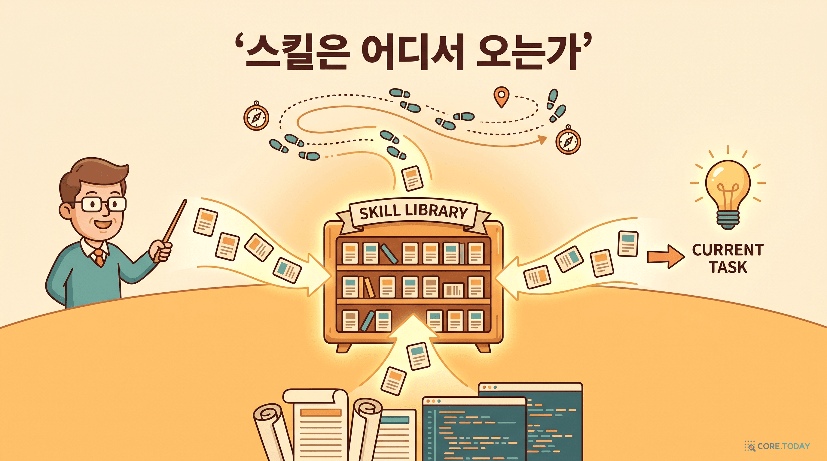 스킬 라이브러리로 흘러드는 네 가지 출처 — 전문가·경험·과제·문서