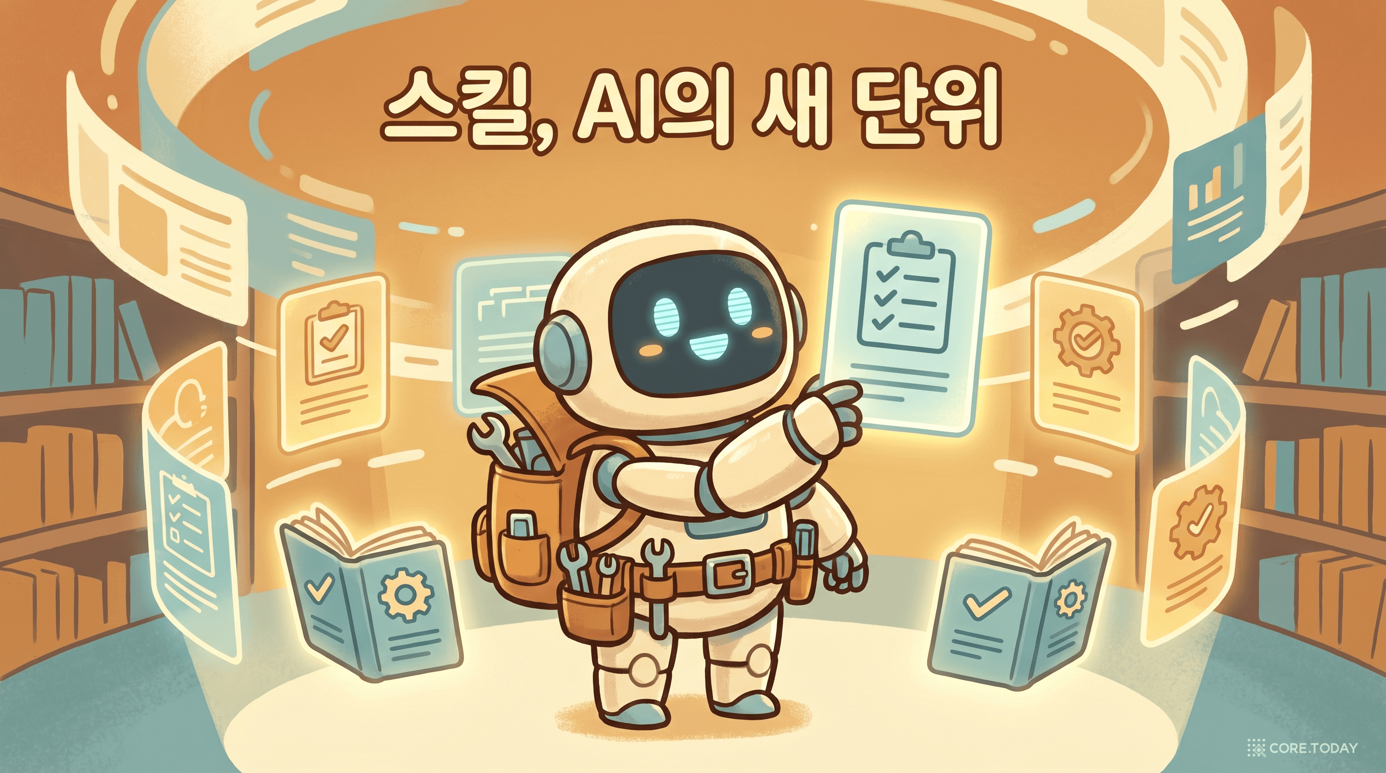 도구를 잘 다루는 AI 에이전트가 빛나는 '스킬 카드'를 꺼내드는 모습