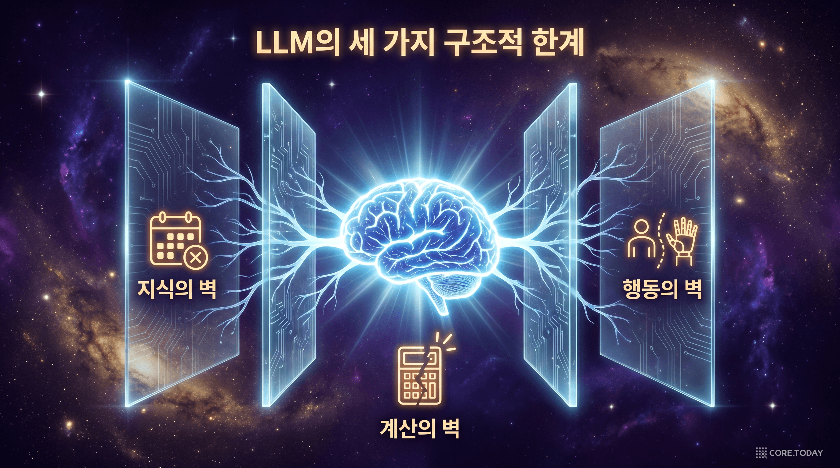 LLM의 3가지 벽 — 지식, 계산, 행동의 구조적 한계를 시각화한 우주적 장벽