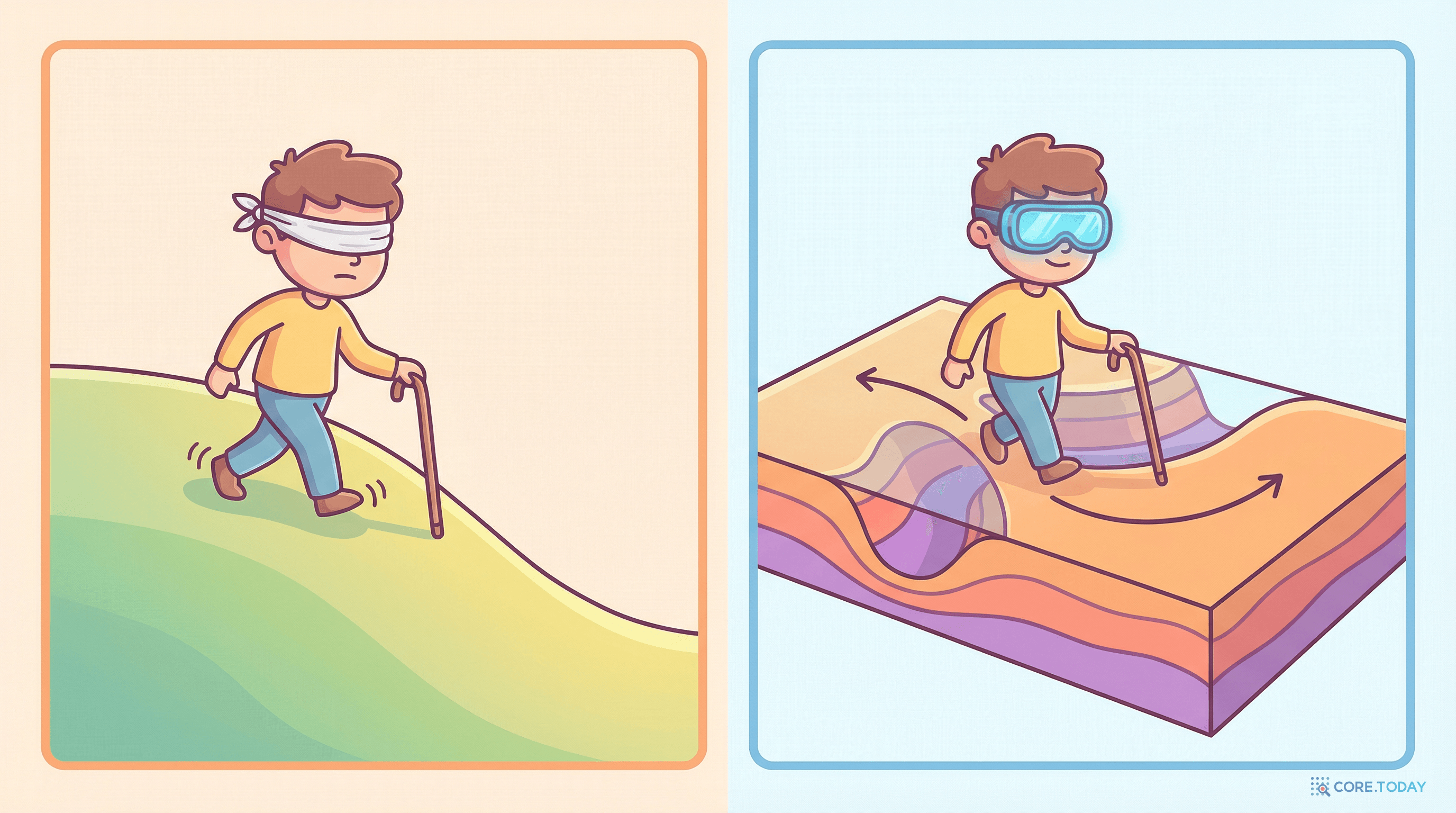 왼쪽: 눈가린 채 경사만 느끼며 걷기(1차) / 오른쪽: X-ray 고글로 지형 단면까지 보며 걷기(2차)