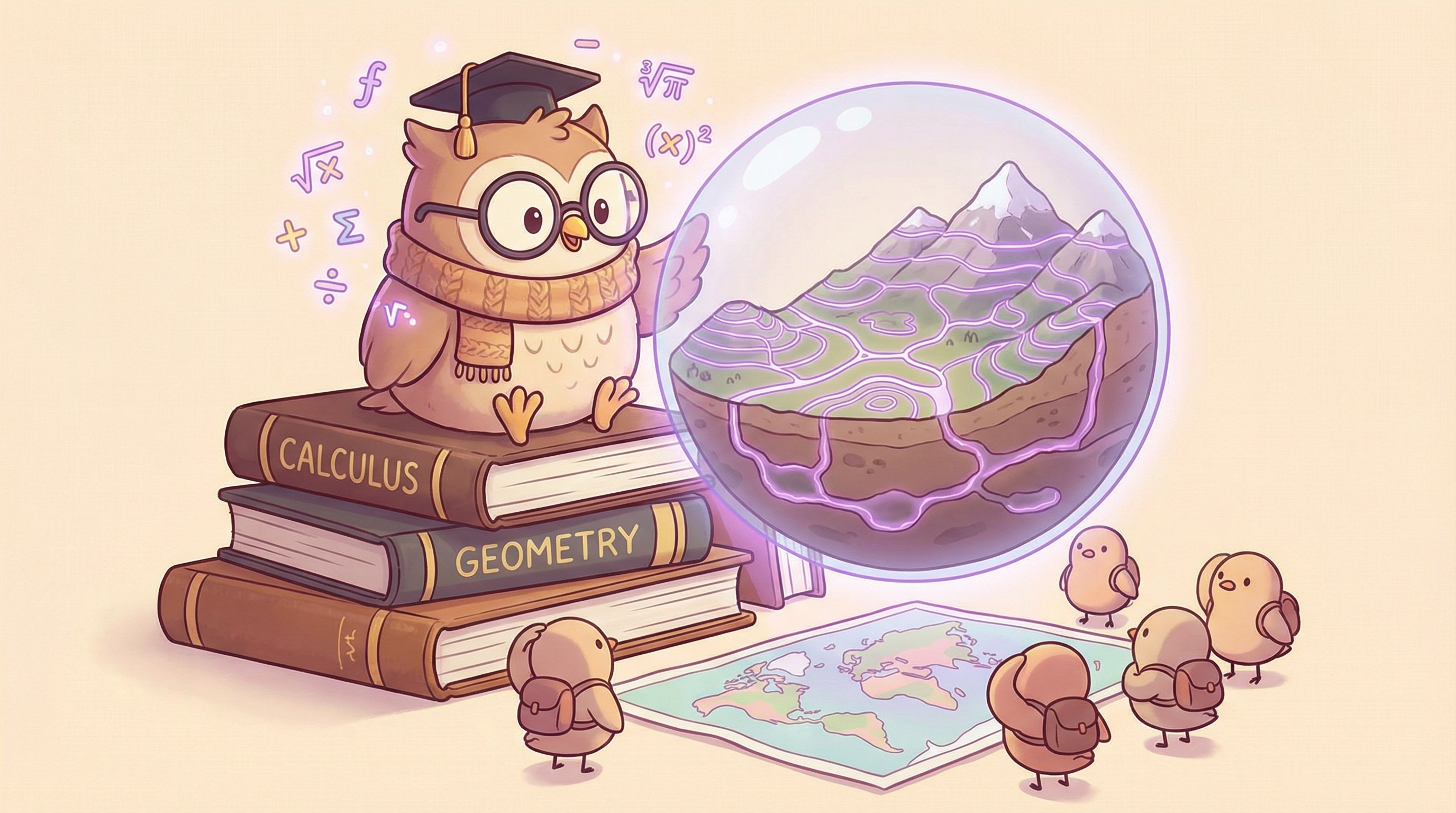 수학책 위의 현명한 올빼미가 지형의 단면 구조까지 꿰뚫어 보는 반면, 작은 새들은 표면만 보는 모습