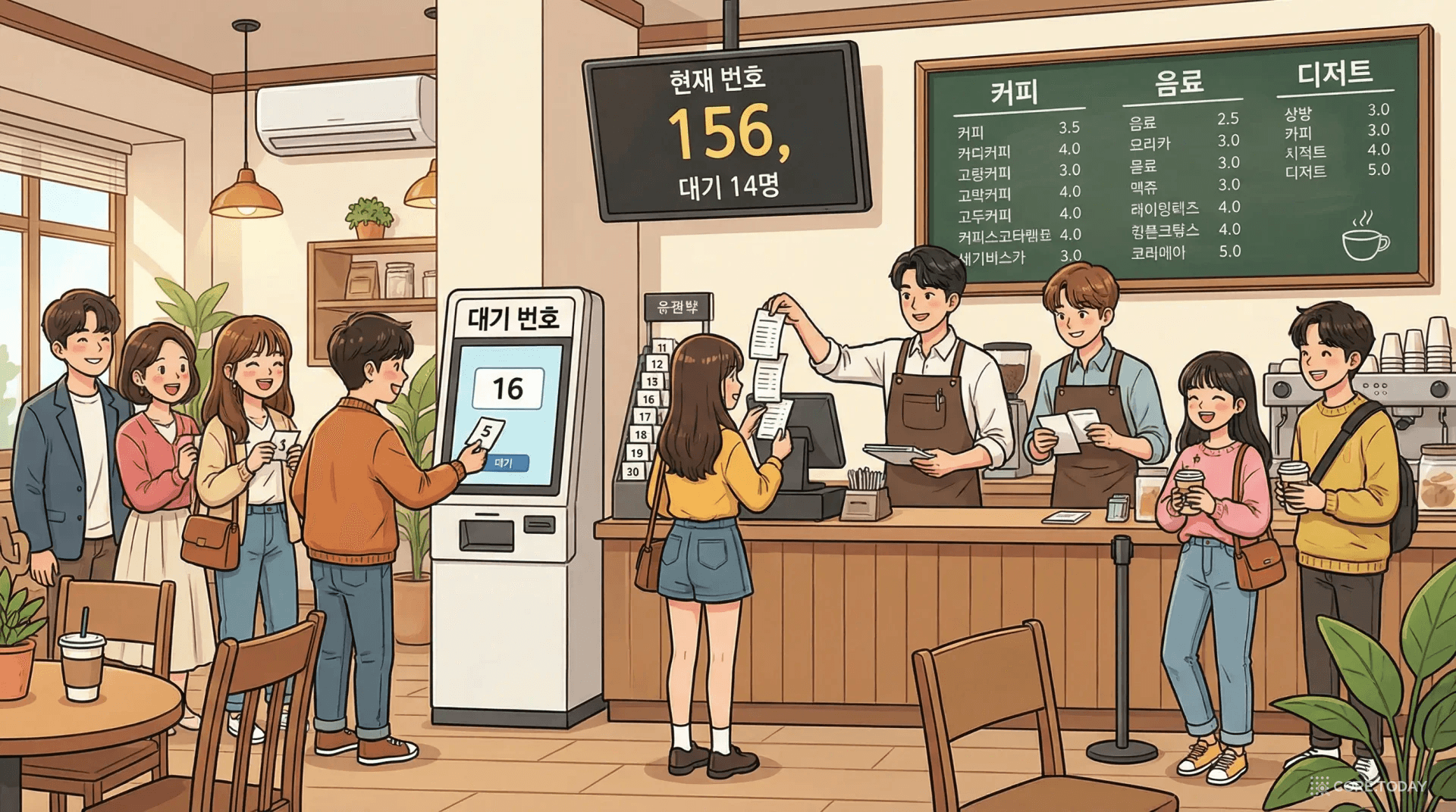 카페에서 번호표를 뽑고 순서대로 음료를 받는 한국 카페 주문 시스템으로 메시지 큐를 설명하는 일러스트