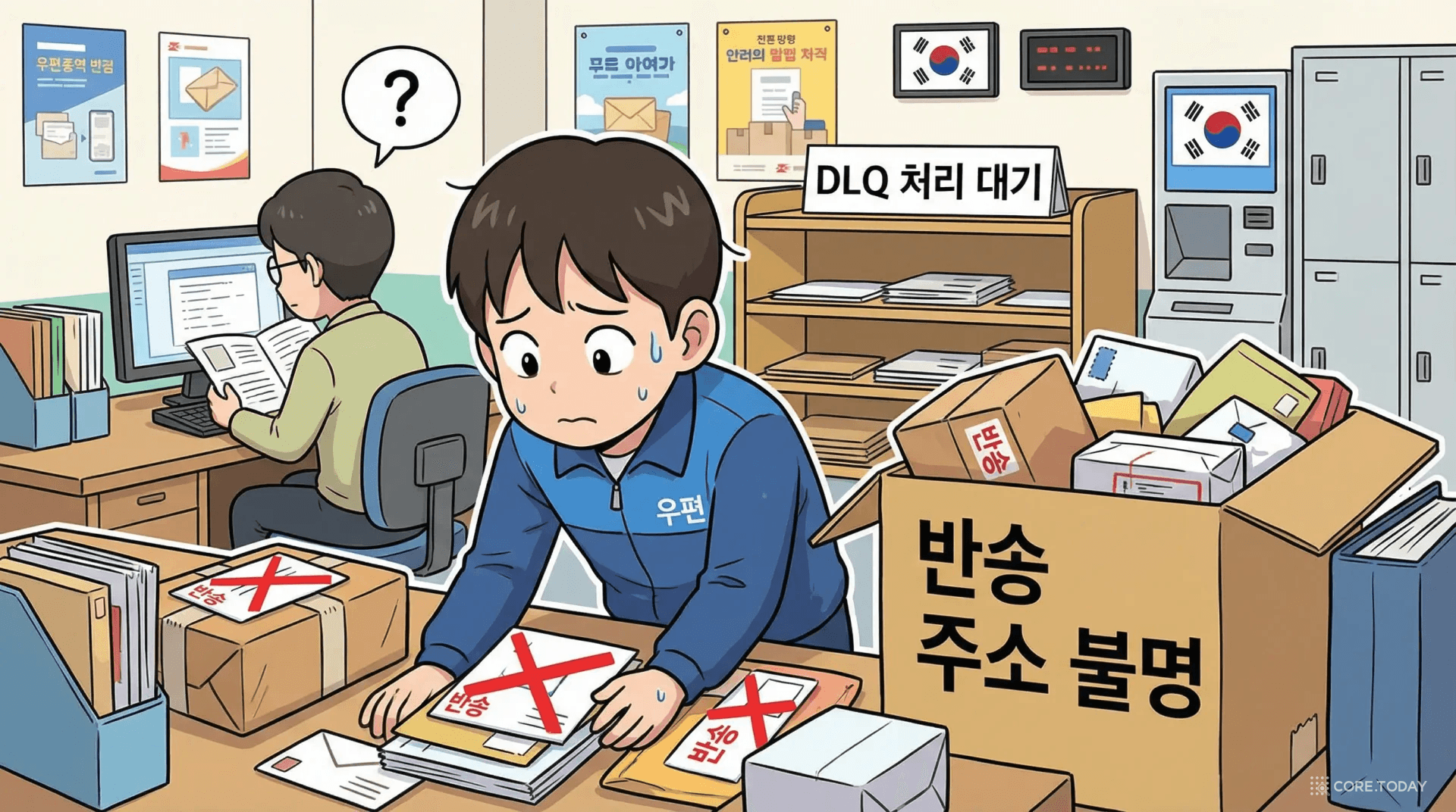 우체국에서 반송된 편지와 배달 실패 택배가 쌓인 DLQ 처리 대기 선반을 보여주는 일러스트