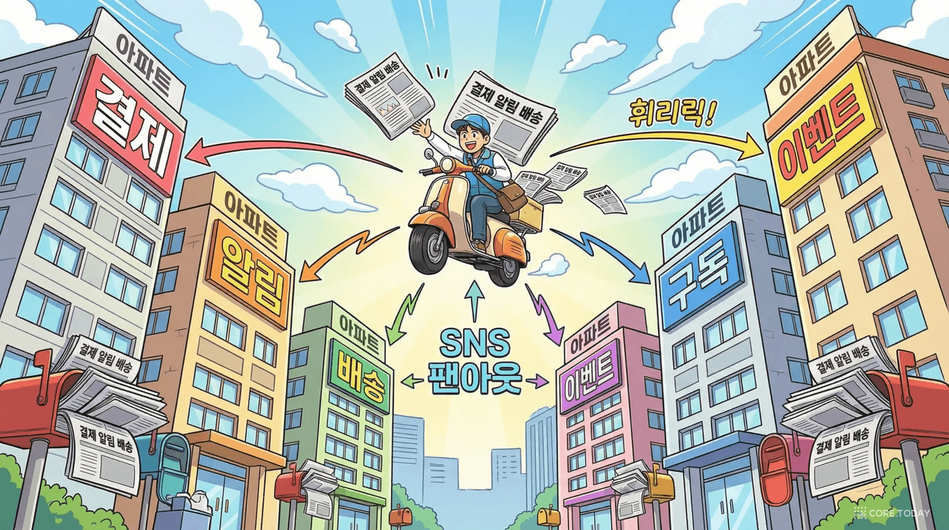 신문 배달부가 스쿠터를 타고 여러 아파트 단지에 동시에 같은 신문을 배달하는 SNS 팬아웃 패턴 일러스트