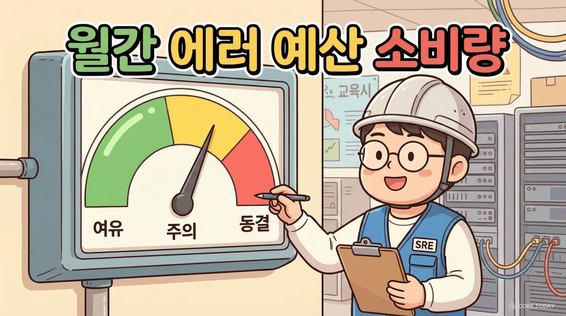 에러 버짓을 월간 용돈 미터기로 표현한 게이지 — 여유, 주의, 동결 구간