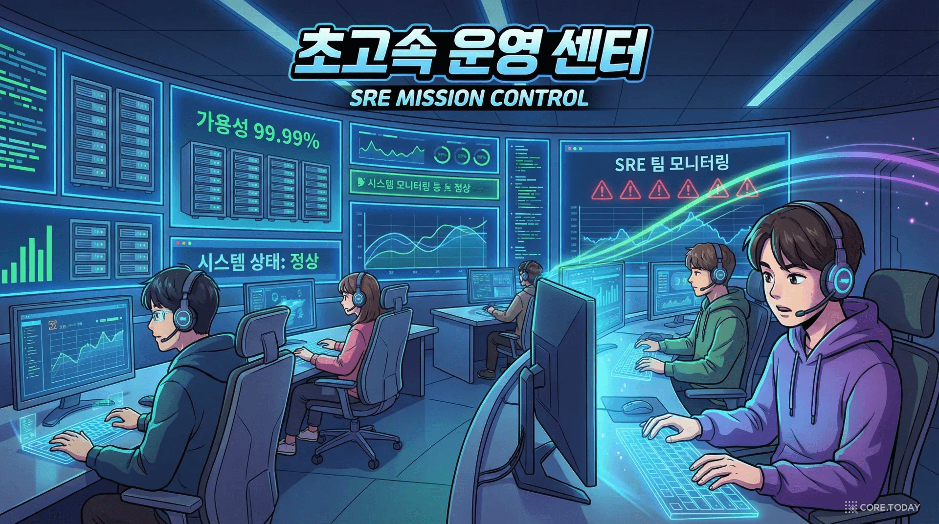 한국인 운영자들이 대형 모니터 앞에서 서비스를 감시하는 SRE 미션 컨트롤 센터