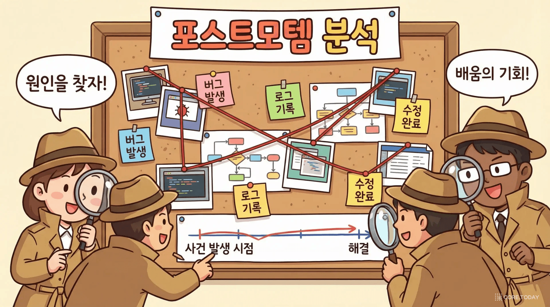 포스트모템을 탐정 수사 보드로 표현한 모습 — 단서와 타임라인을 분석하는 엔지니어들