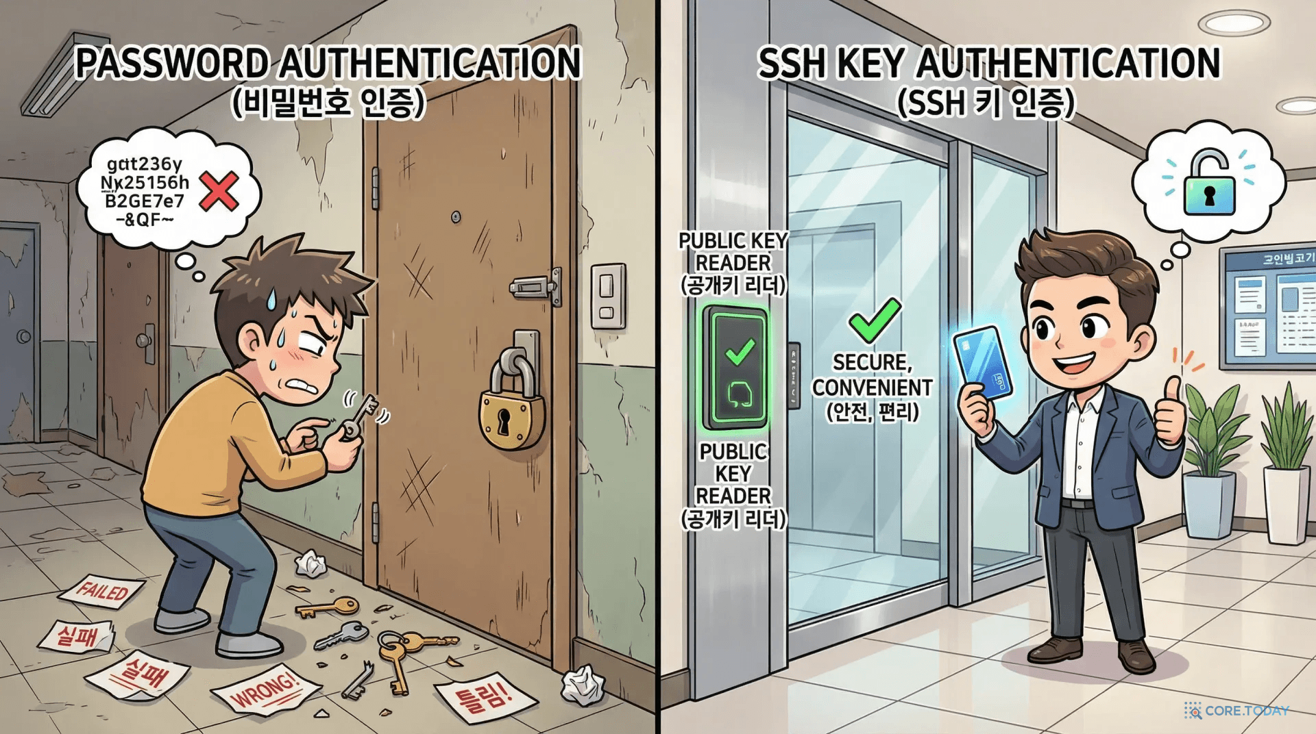 SSH 키 기반 인증을 아파트 카드키 시스템에 비유한 일러스트 — 비밀번호는 구식 열쇠, 키 인증은 카드키