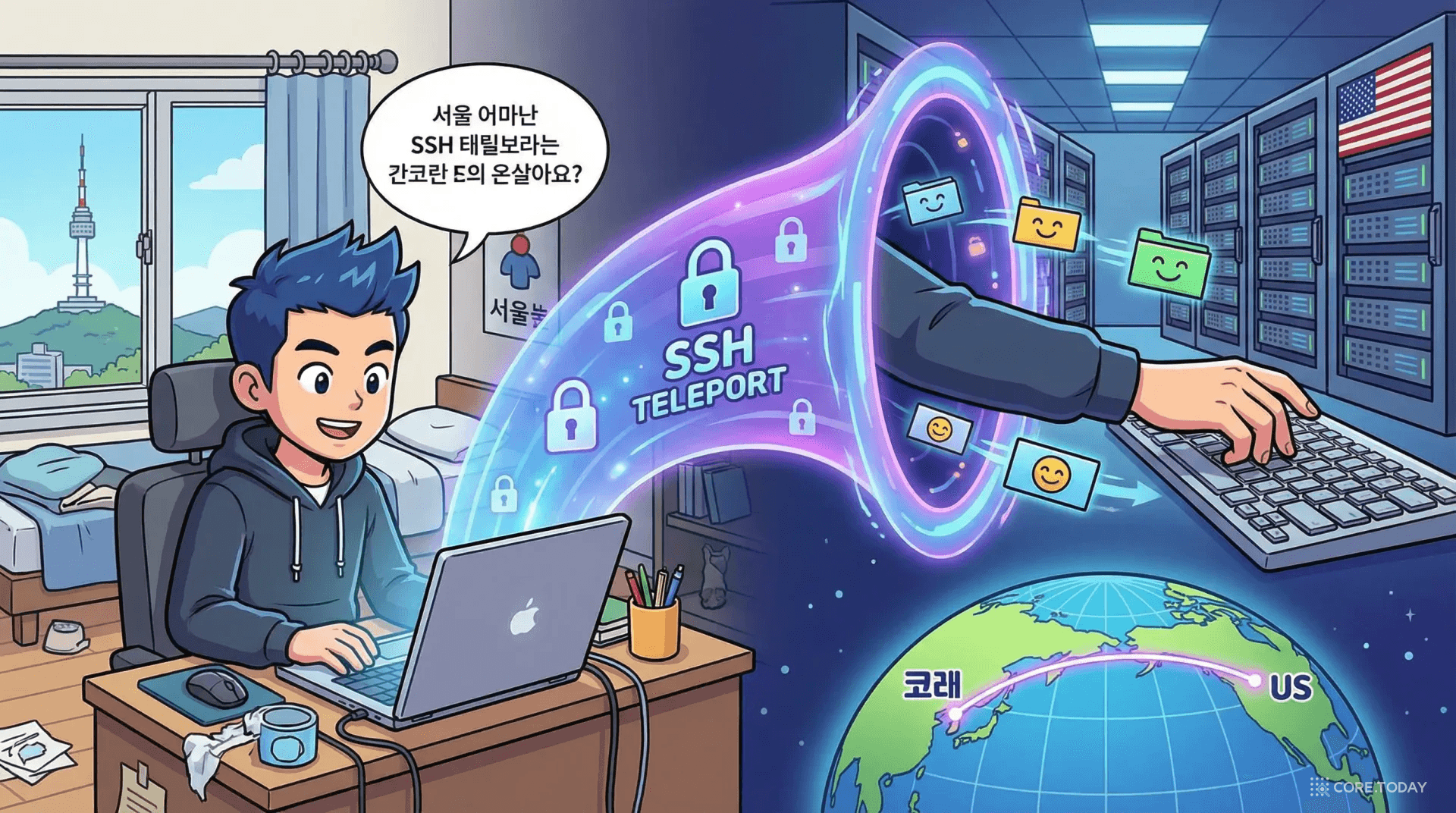 서울의 개발자가 SSH로 미국 서버에 접속하는 모습을 텔레포트 포탈로 표현한 일러스트