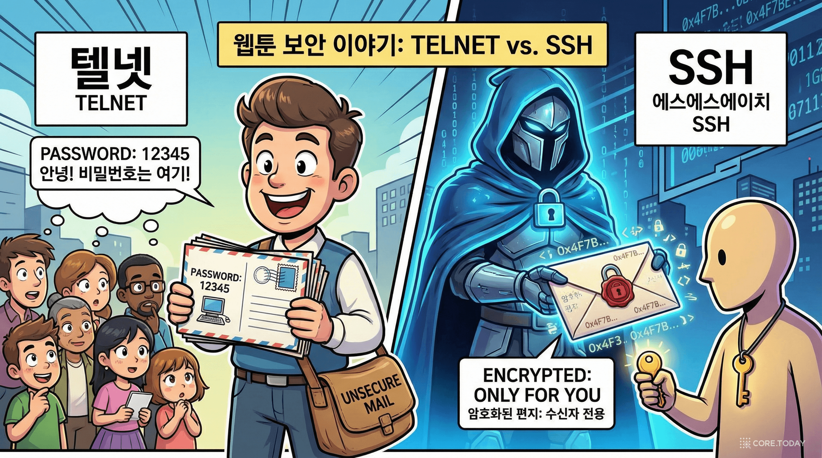 Telnet은 엽서처럼 비밀번호가 보이고 SSH는 잠긴 금고처럼 안전하다