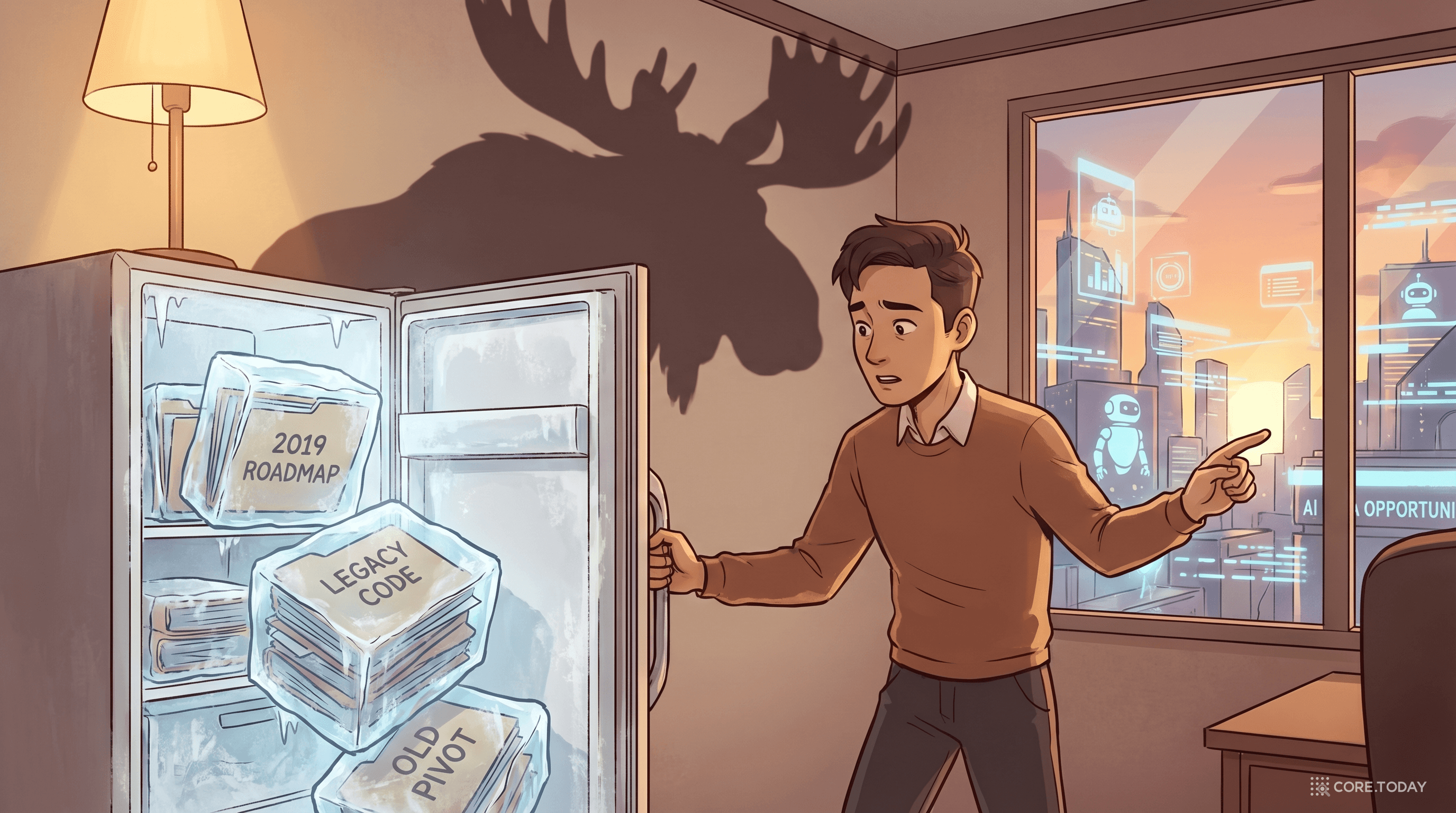 창업자가 오래된 로드맵과 코드 더미가 가득한 냉동고를 열어보는 장면