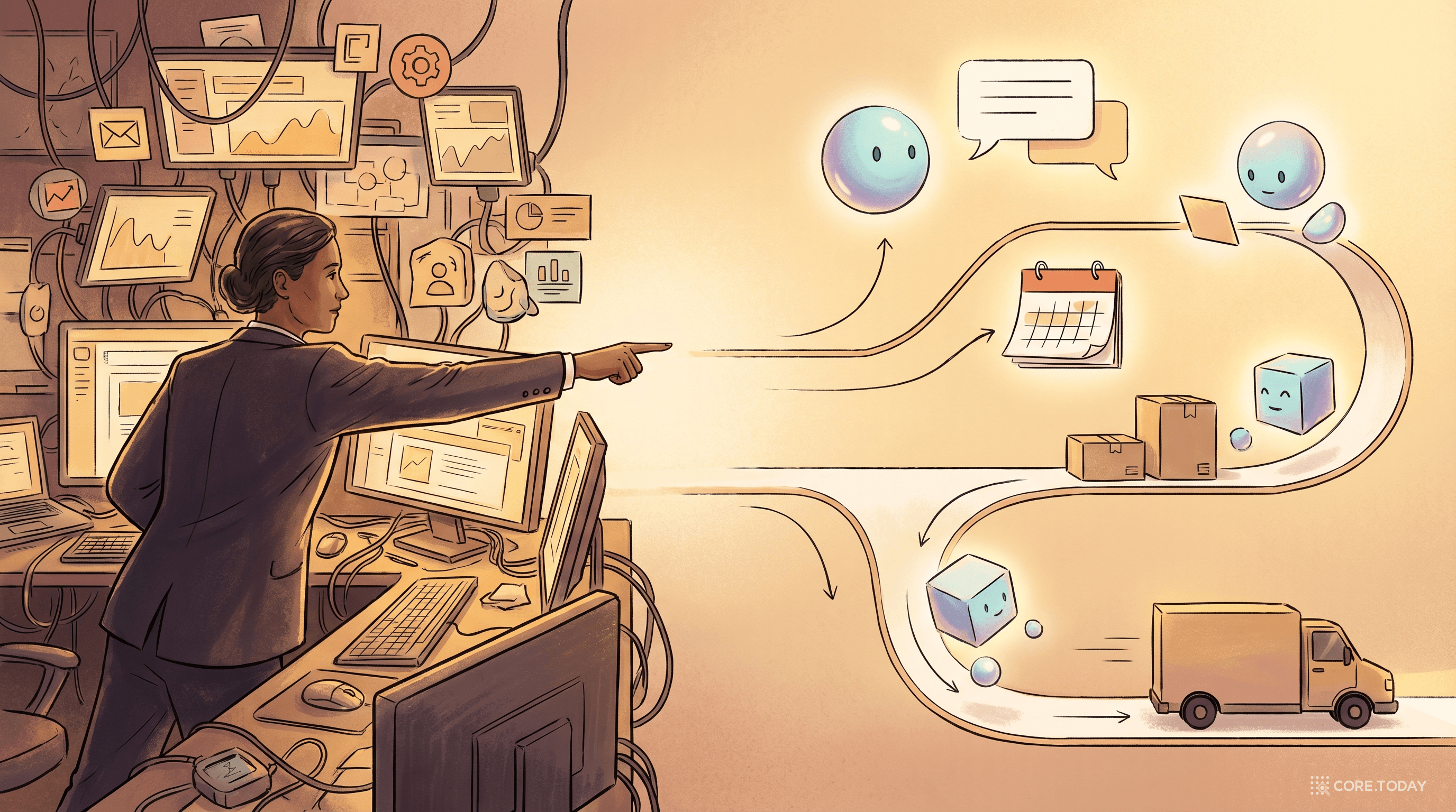 화면 중심 SaaS에서 고객 결과를 수행하는 AI 에이전트 제품으로 이동하는 장면