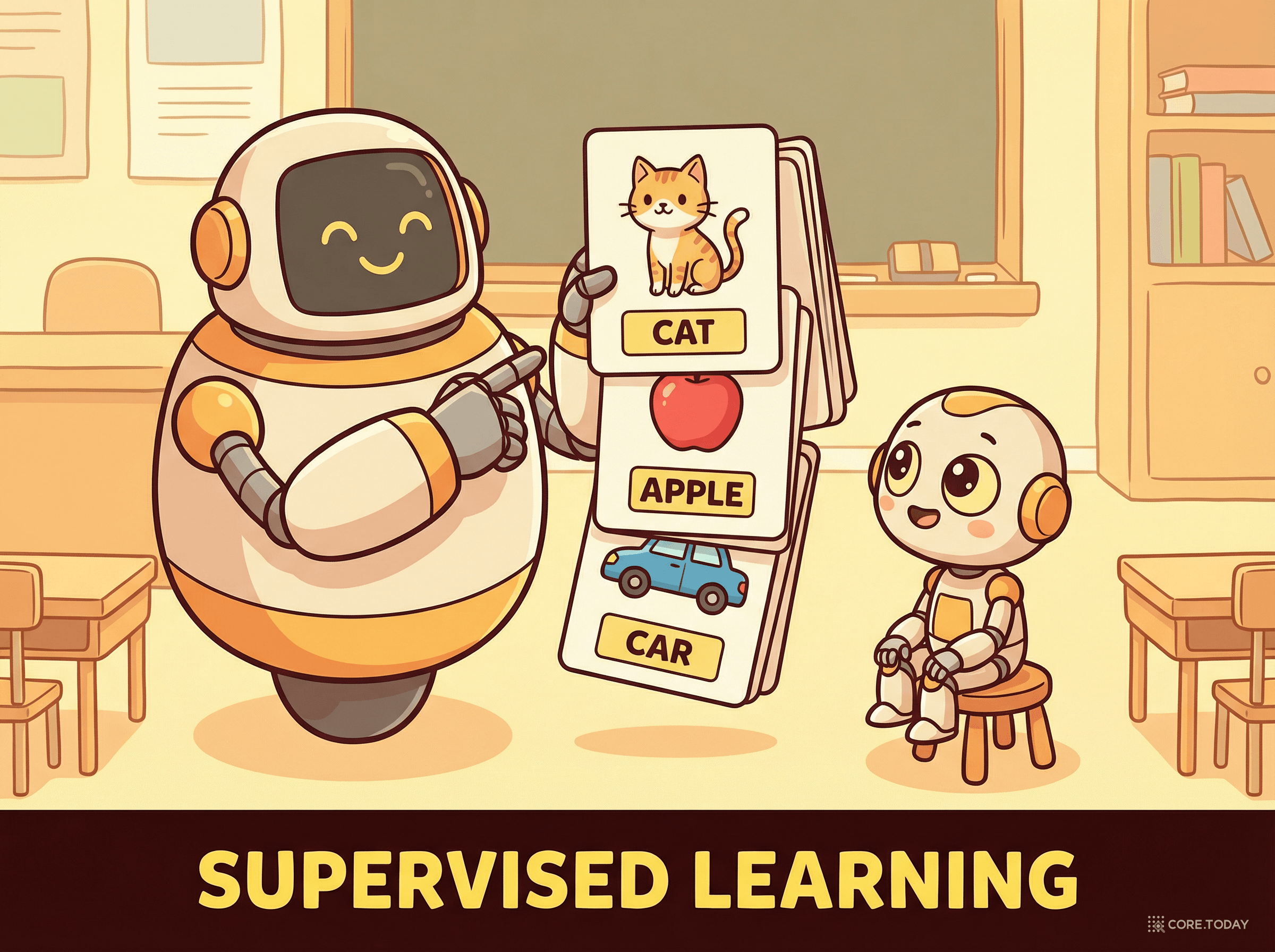 지도학습 개념 — 정답이 적힌 카드를 보여주며 가르치는 로봇 선생님