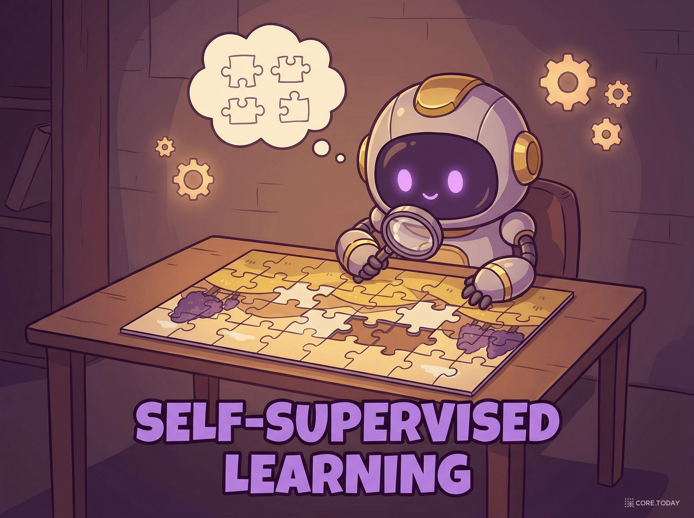 자기지도학습 개념 — 퍼즐의 빈 조각을 맞추며 스스로 학습하는 로봇