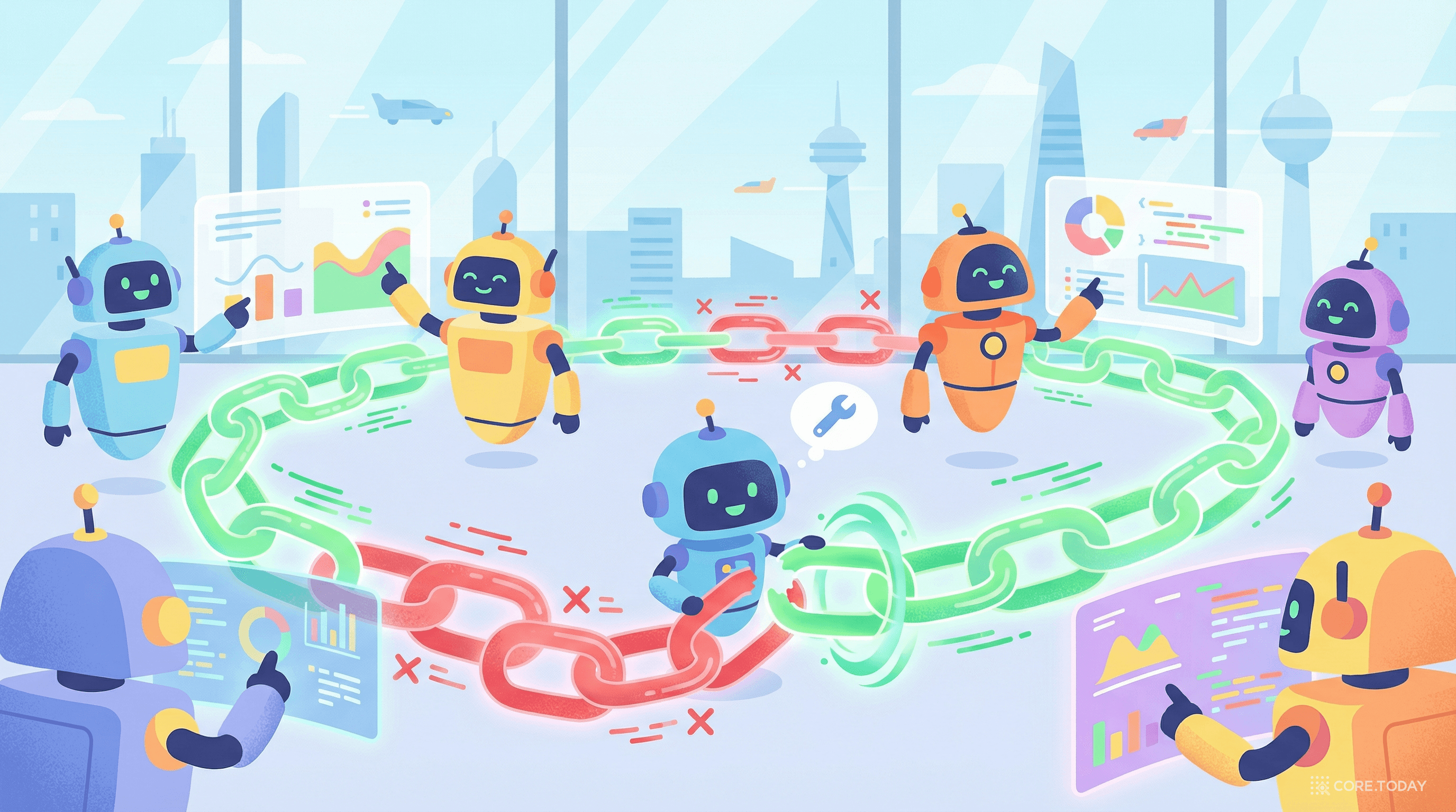 AI 에이전트들이 긴 추론 체인으로 협업하는 모습 — 잘못된 링크(빨간색)를 되감아 수정(초록색)할 수 있는 능력이 핵심이다.
