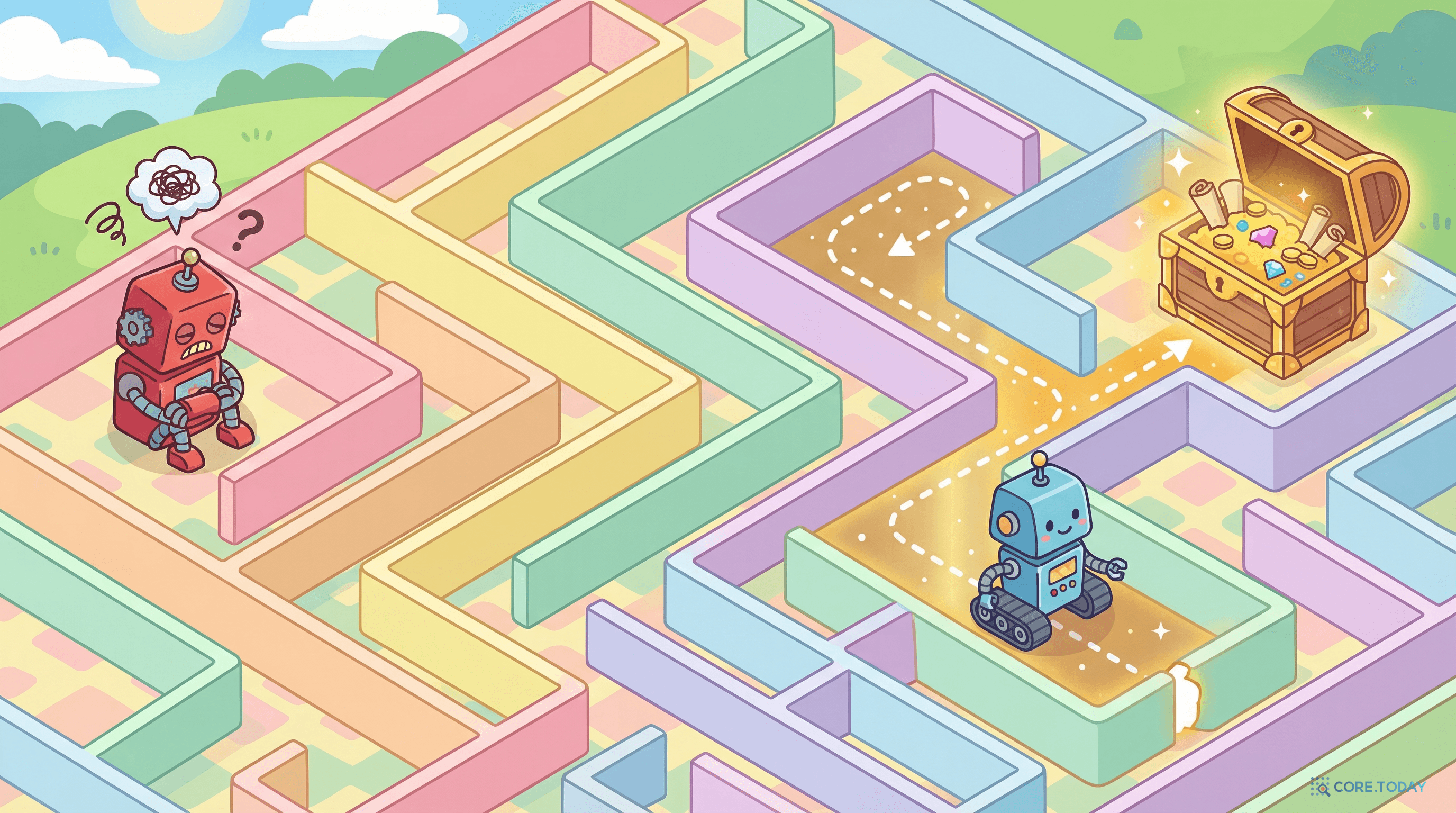 미로 비유 — 빨간 로봇은 앞으로만 가다 막다른 길에 갇혔지만, 파란 로봇은 되돌아가서 정답을 찾았다.