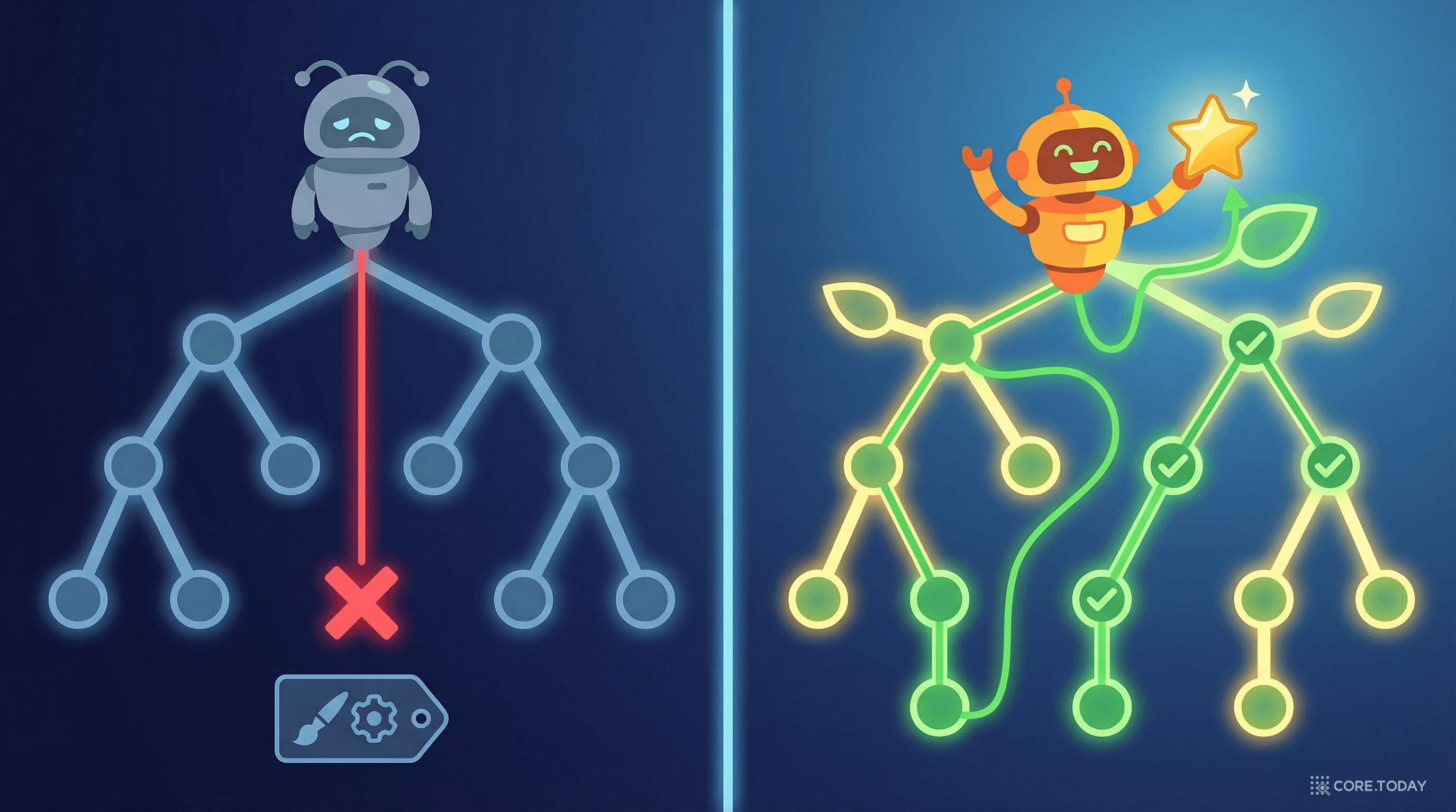 왼쪽: 앞으로만 가는 알고리즘은 막다른 길에 갇힌다. 오른쪽: 백트래킹이 가능한 VGB는 자유롭게 탐색하며 최적 경로를 찾는다.