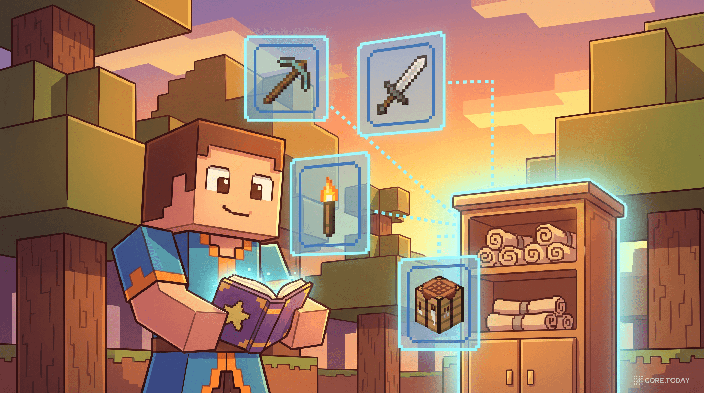 Minecraft 세계에서 스킬을 학습하는 Voyager AI 에이전트의 일러스트