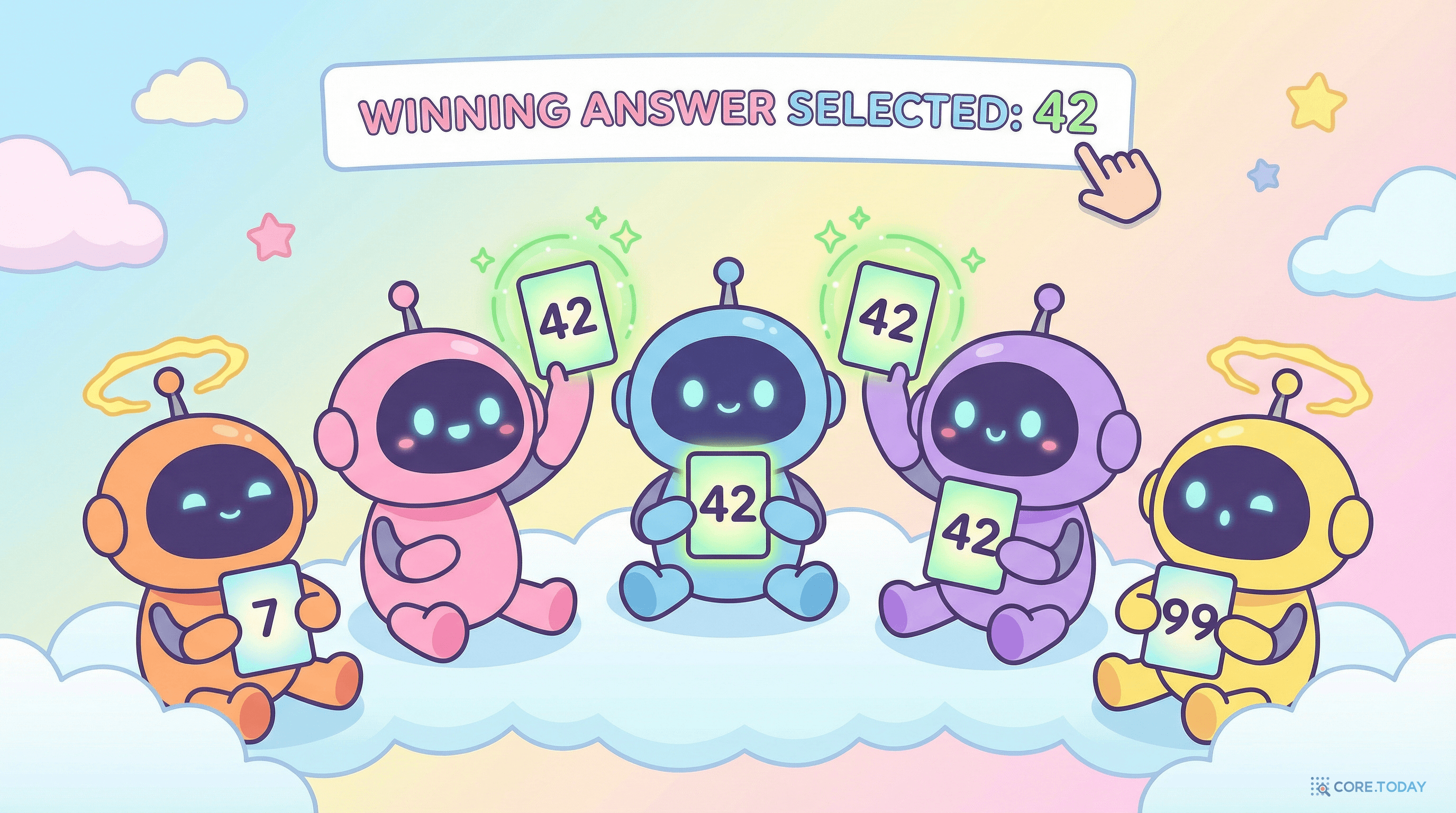 멀티샘플 추론 개념도 - 여러 AI가 투표하는 모습