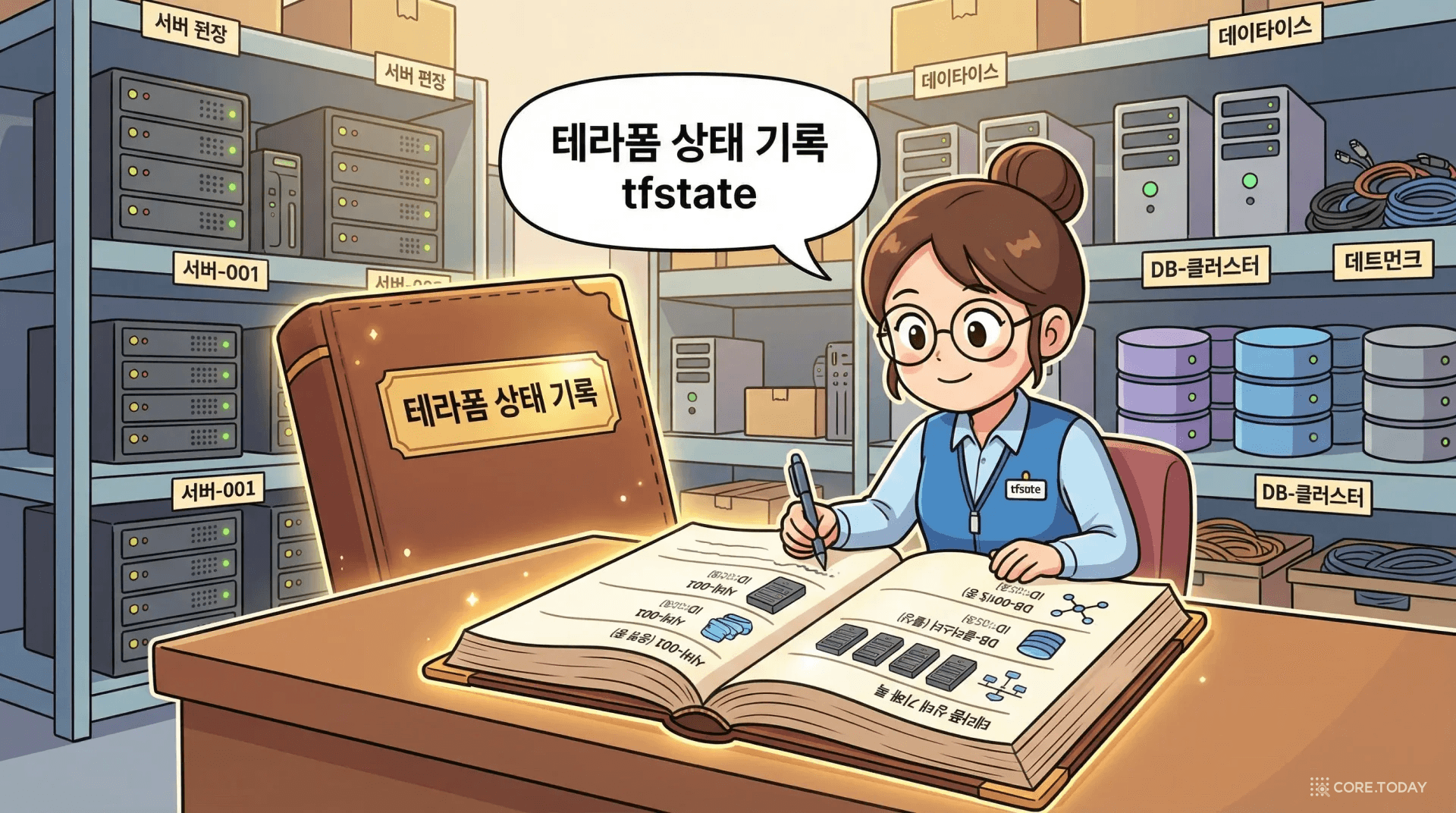 Terraform State 파일을 창고의 마스터 재고 장부에 비유한 일러스트